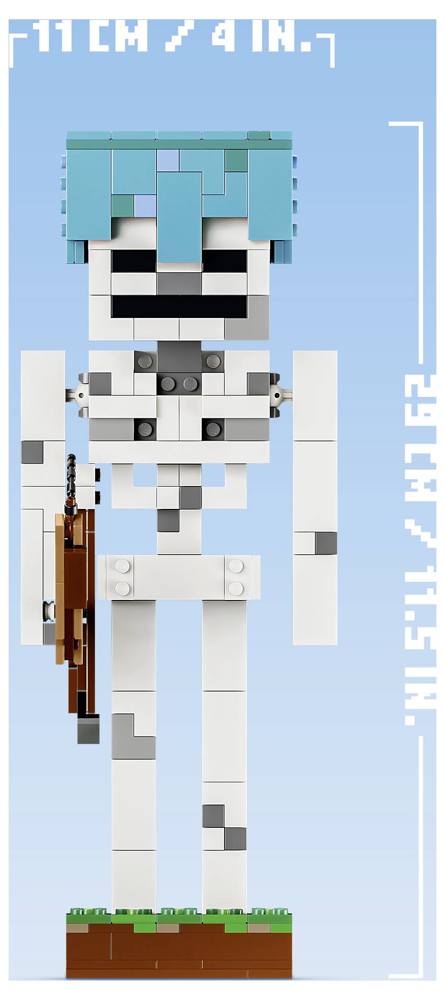 Figurka ve stylu LEGO s lidské postavou s modrozelenkavými vlasy a černo-bílou tváří stojí před modrým pozadím a drží hnědý doplněk podobný kytaře.