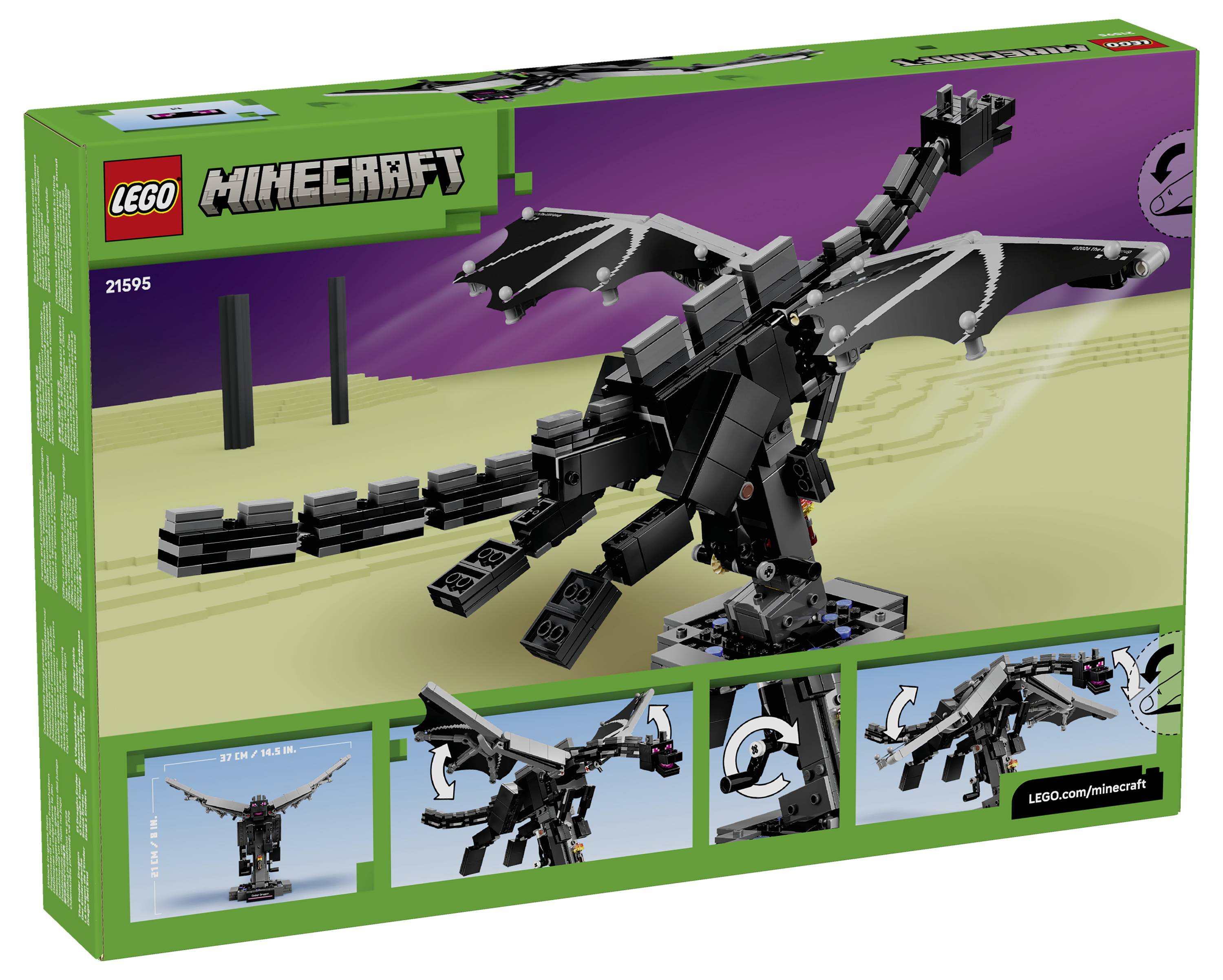 LEGO Minecraft sada s krabicí zobrazující černý model Enderdraka s rozprostřenými křídly, plus malé vložené obrázky draka v různých pozách.