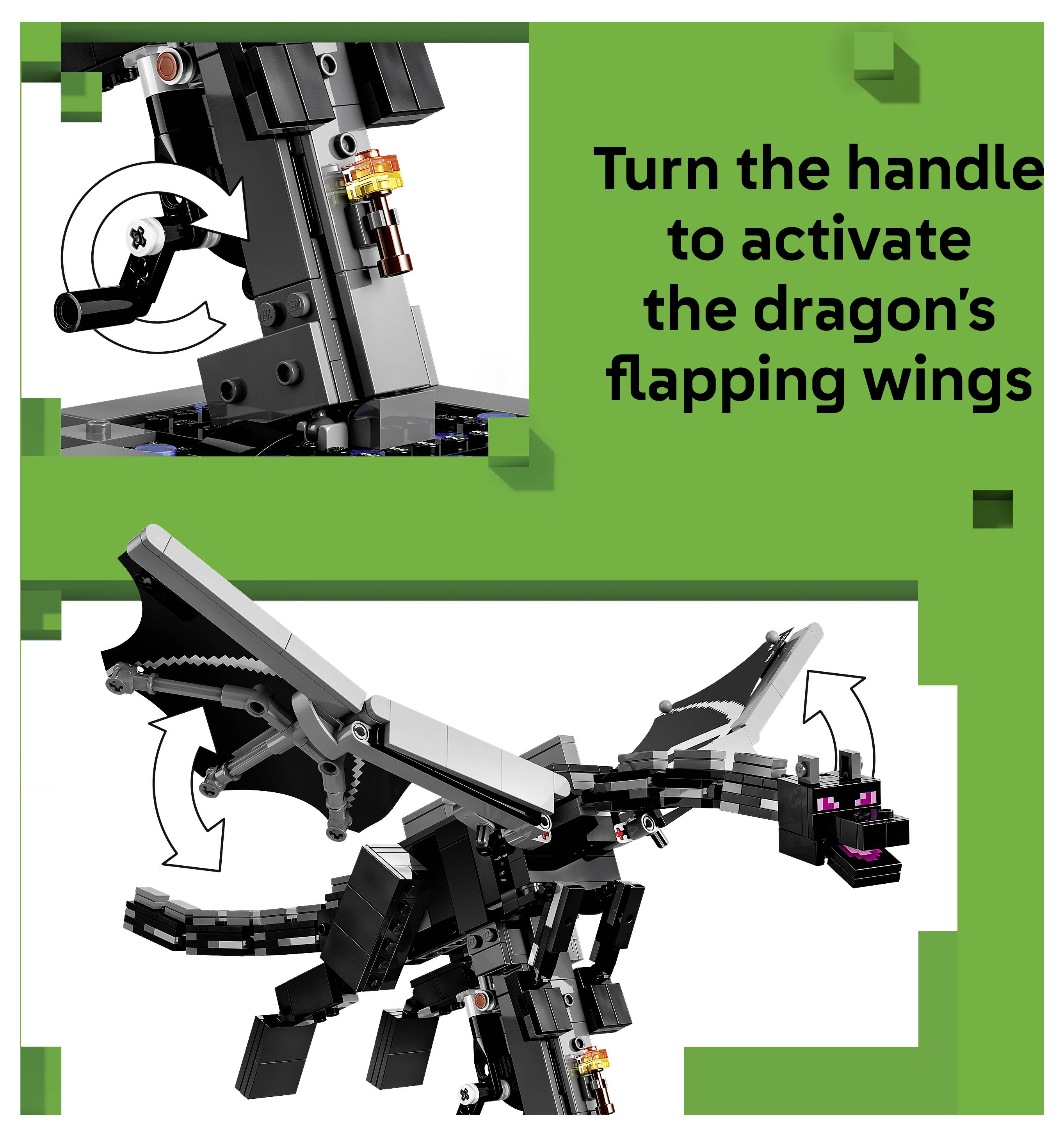 Instruktážní grafika LEGO draka; otáčení rukojetí aktivuje jeho třepotající křídla, zobrazeno se šipkami a detaily blízkého mechanismu.