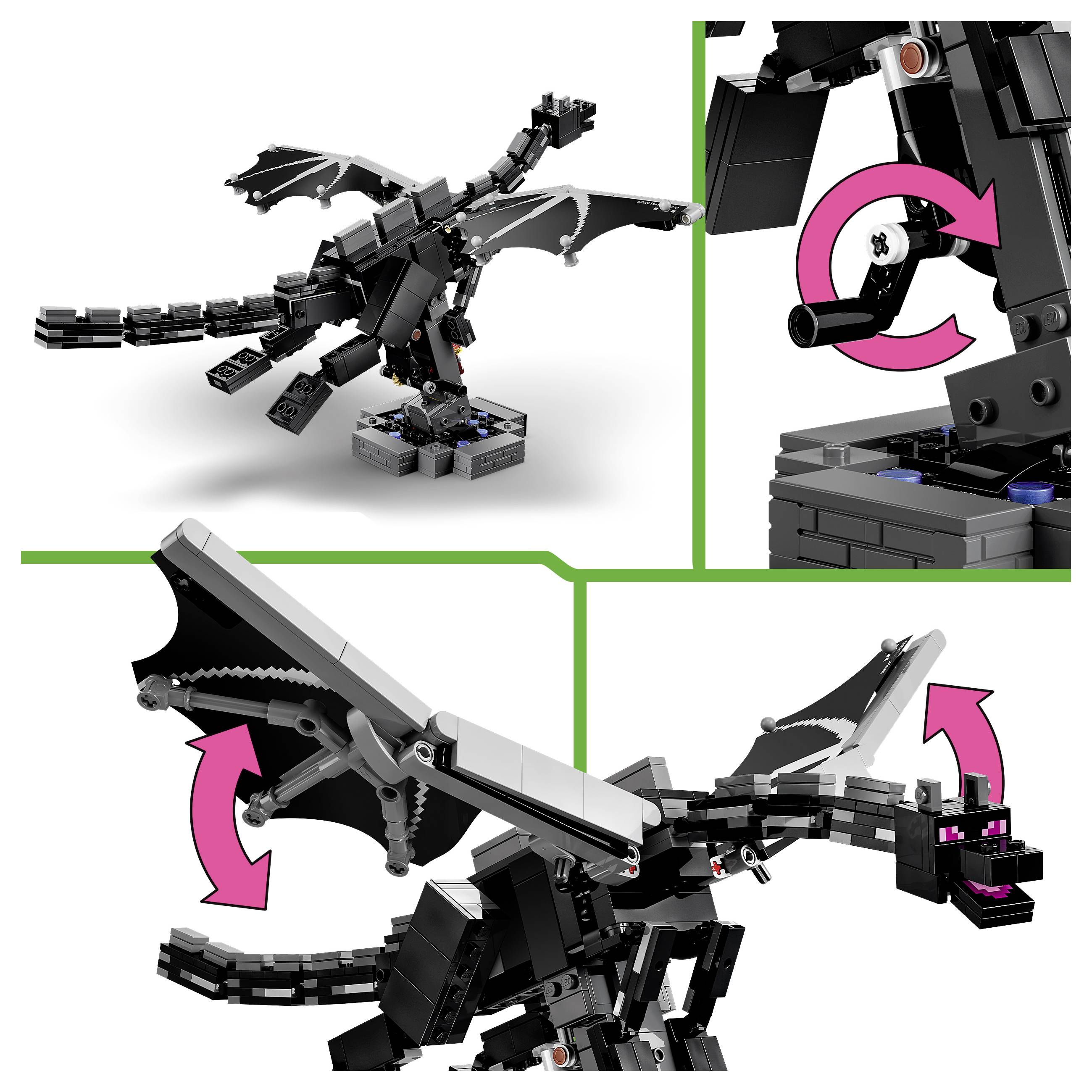 LEGO-style model černého draka se sklopnými křídly, ocasem a čelistí; růžové šipky ukazují pohyblivé části a rotaci křídel/nohou.