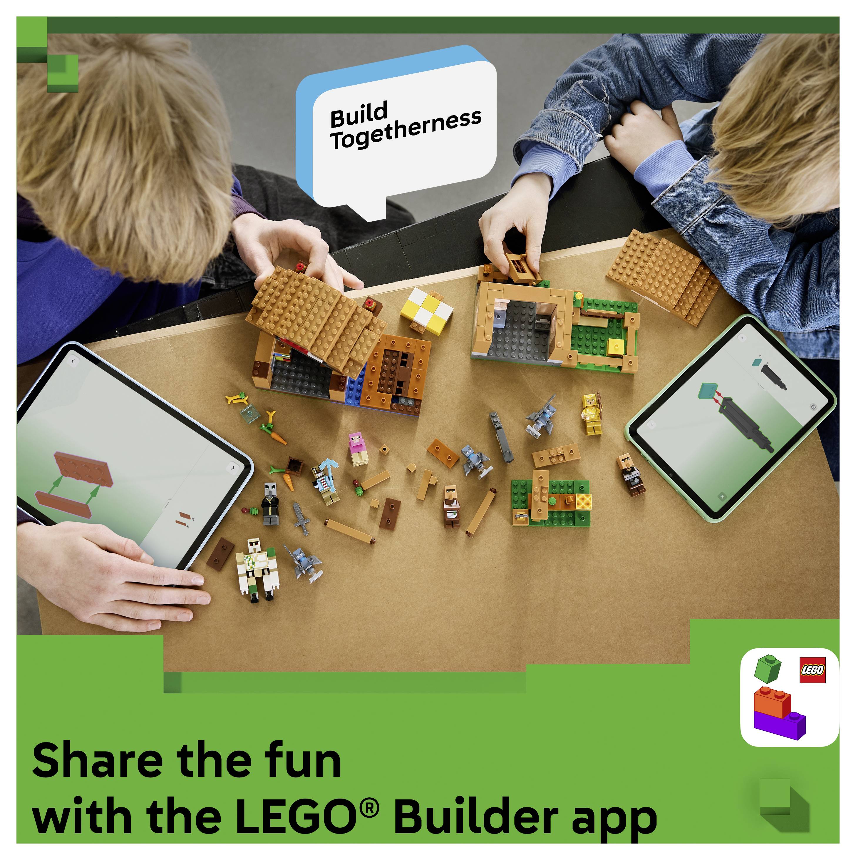 Děti stavící dům z LEGA spolu s tablety; text říká „Budujte spolu" a „Sdílejte zábavu s aplikací LEGO Builder".
