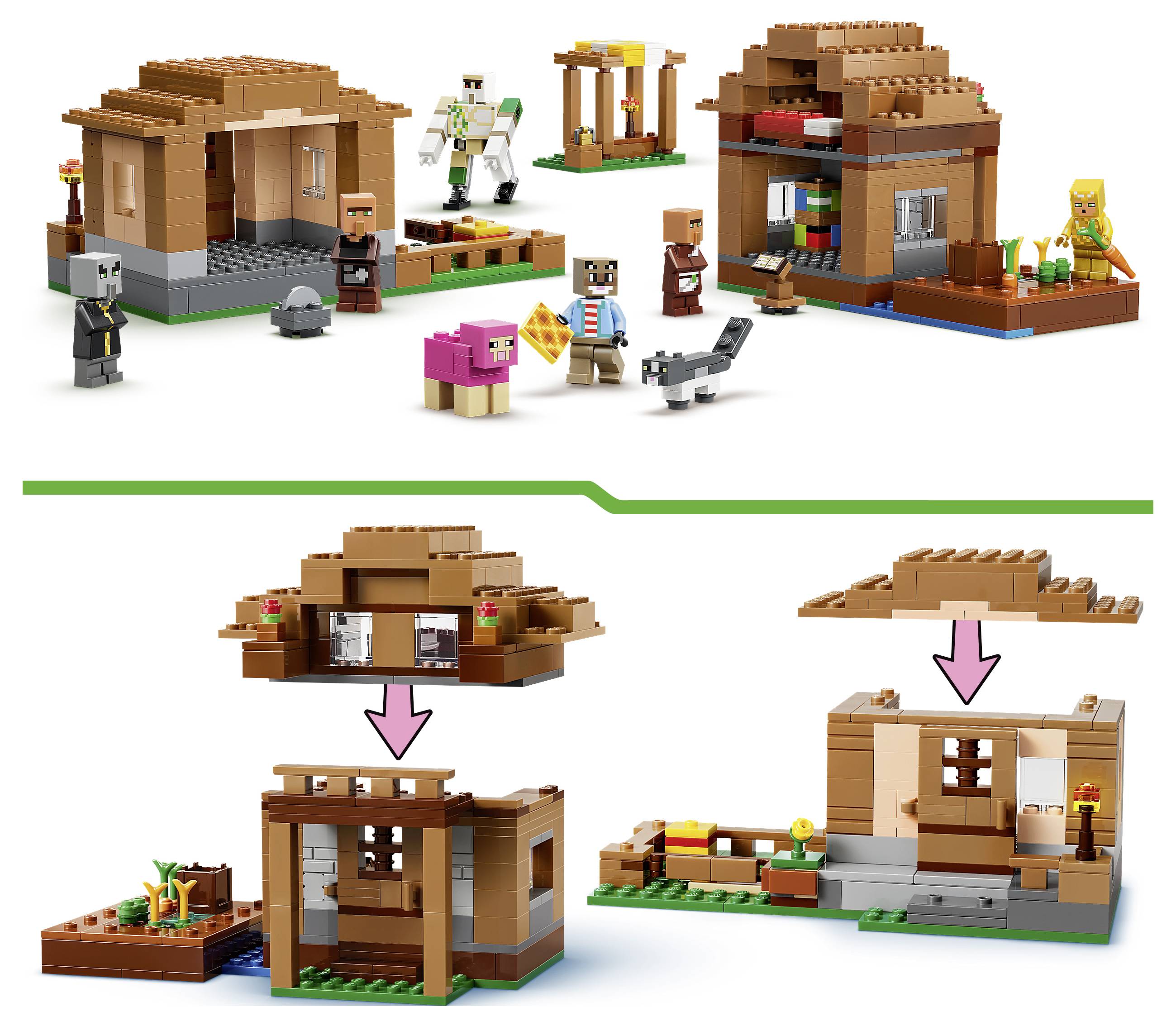 LEGO-style modulární sady domů zobrazené smontované nahoře a ve dvou postupných transformacích stavby níže se šipkami.