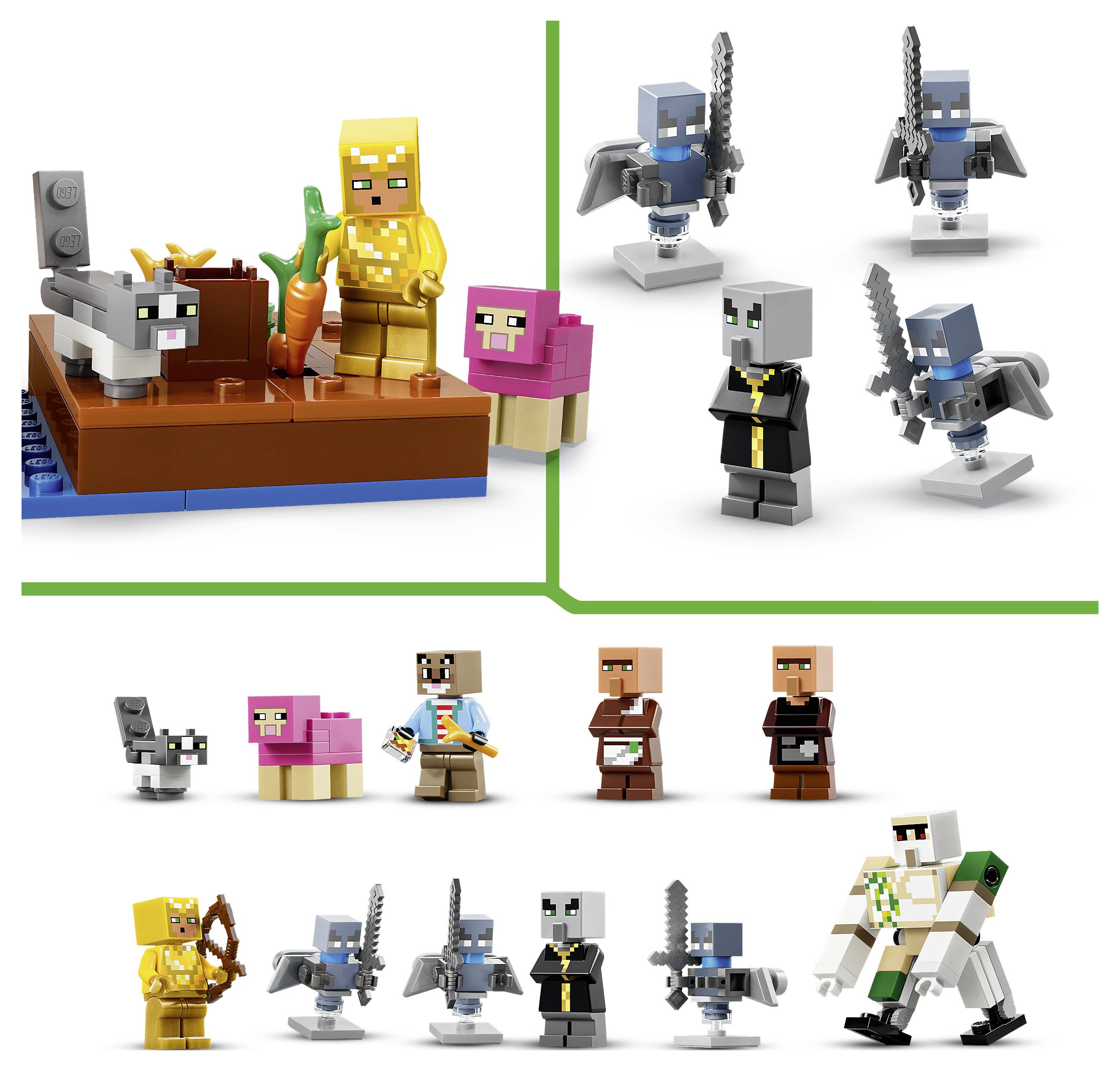 Minecraft sada hraček zobrazující postavu v zlaté zbroji na vor s vlkem a prasětem, plus několik figurek včetně ozbrojených válečníků, vesničanů a pandy.