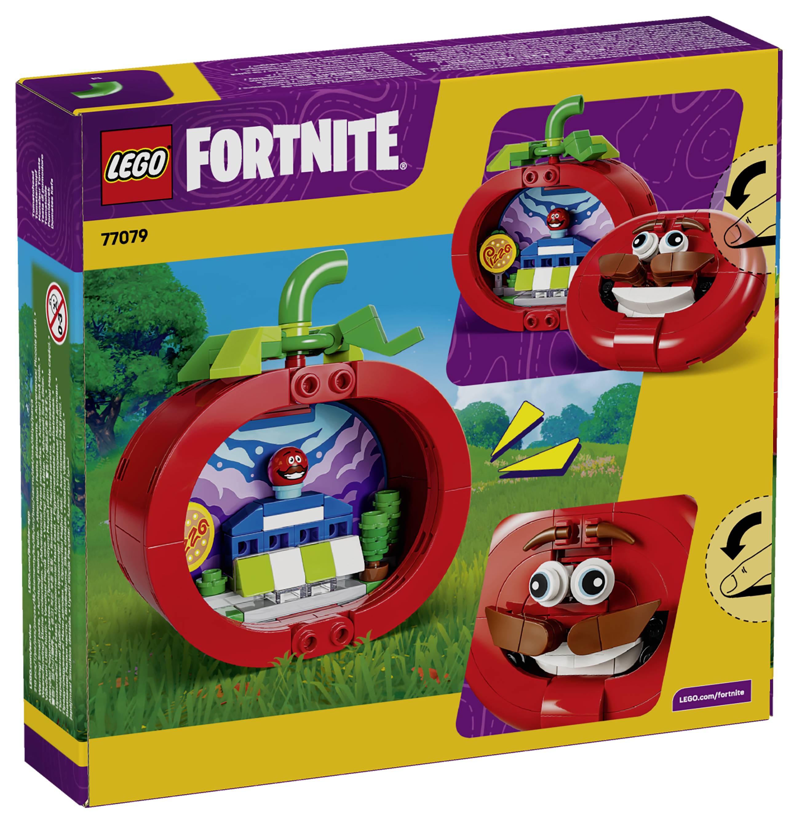 LEGO Fortnite sada v krabici, číslo 77079, zobrazující postavy s motivem červeného jablka a rajčete, které lze stavět, se scénami s figurkami.