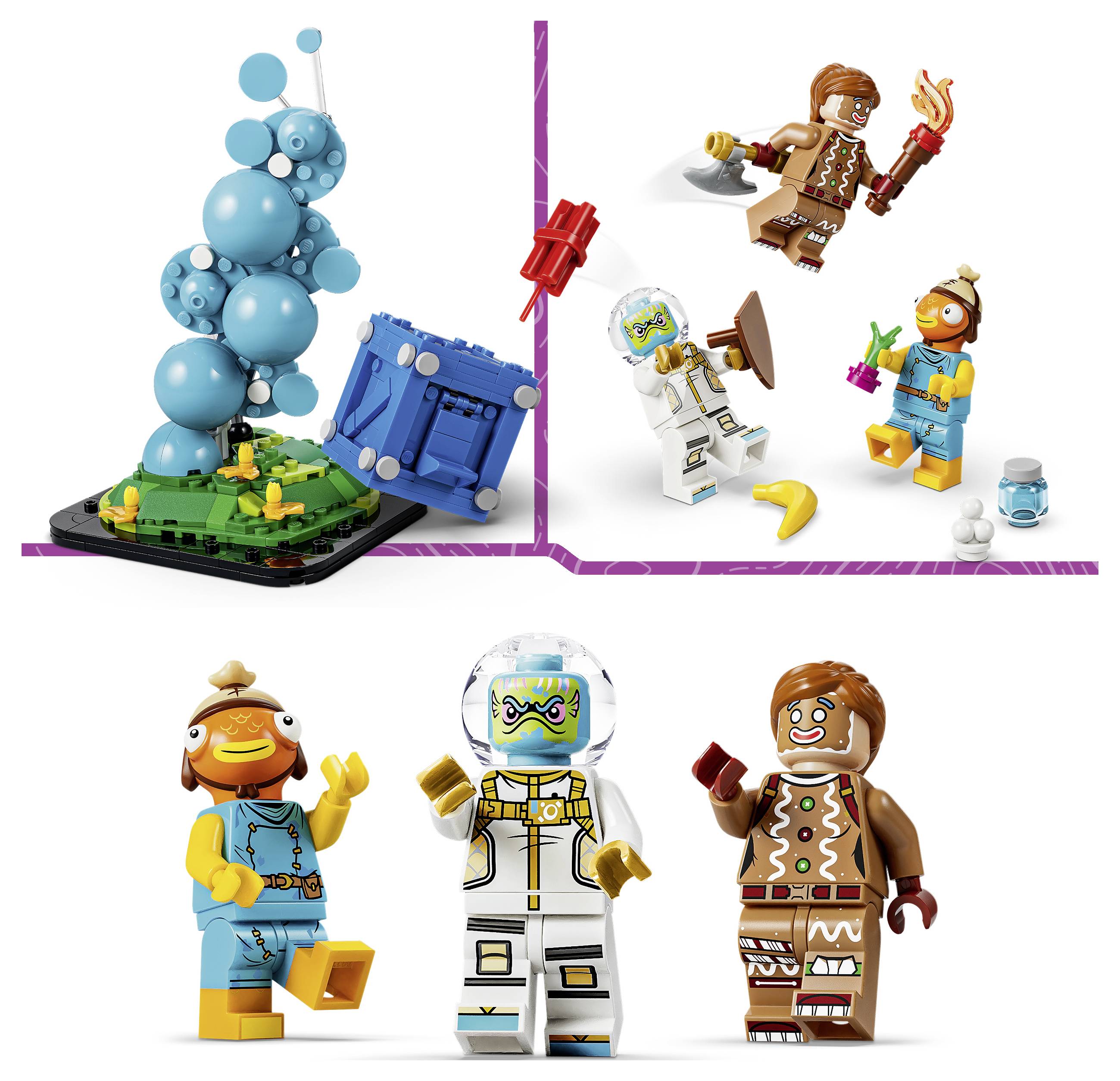 V propagačním koláži jsou zobrazeny LEGO figurky a modrá stavba připomínající bublinu, se třemi postavami pózujícími dole a menšími figurkami nahoře.