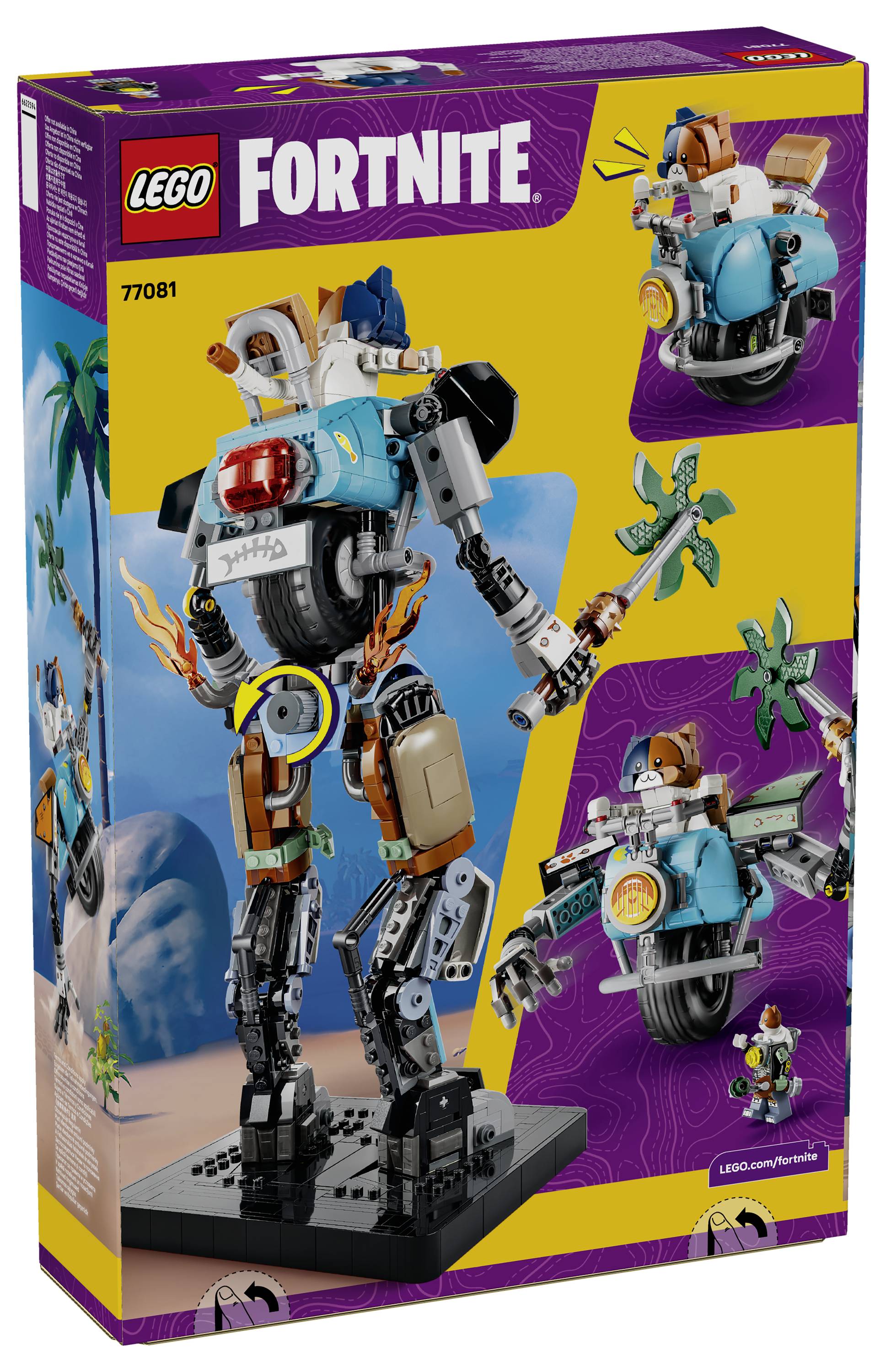 LEGO Fortnite krabicový art zobrazující sadu 77081: robotický mech build s minifigurkou a příslušenstvím na jasně žluté a fialové krabici.