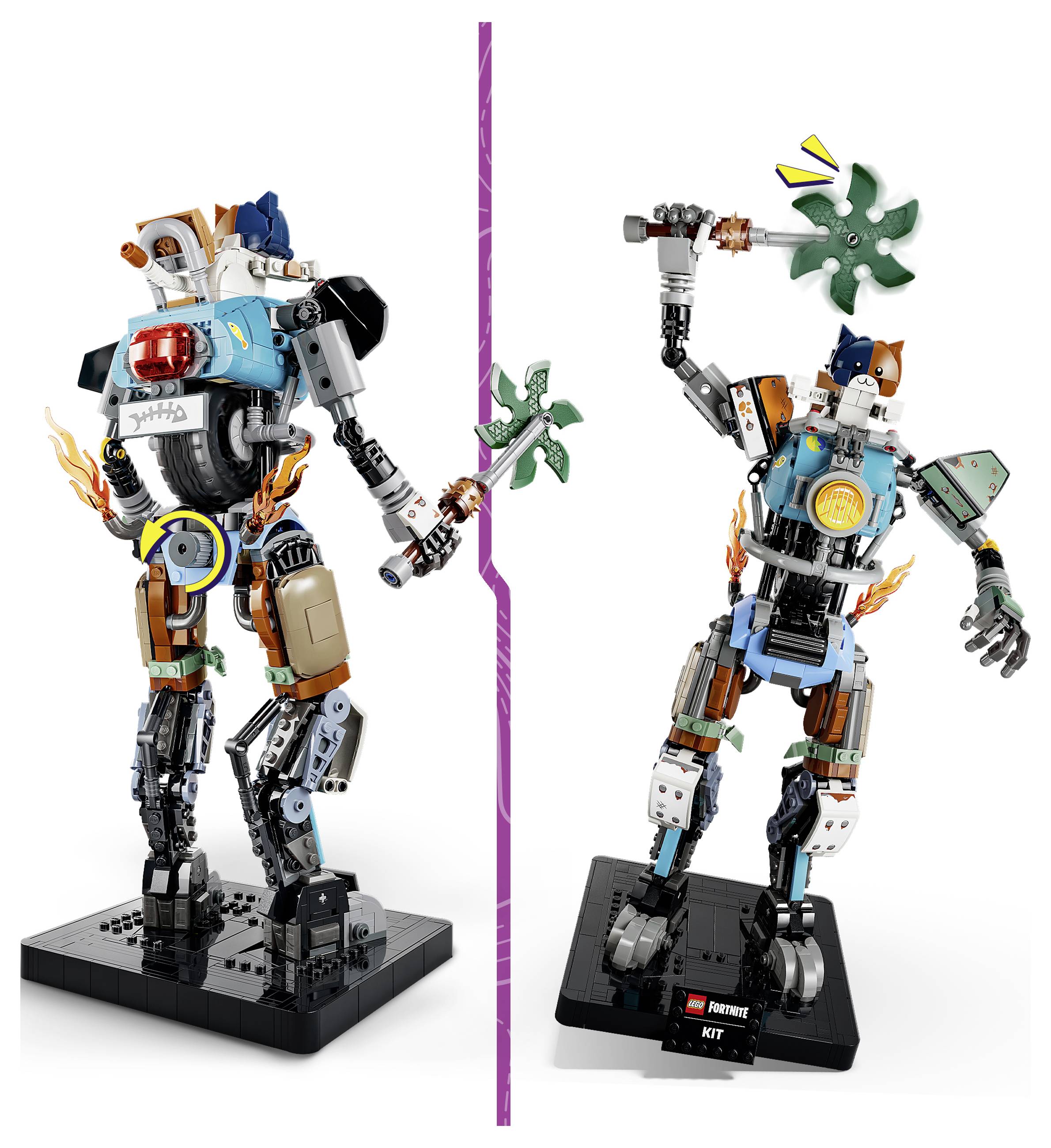 Dva LEGO-podobné robotické figurky zobrazené vedle sebe na podstavcích, každá v pozici držící zelené ozubené zbraně podobné vytáčečům na bílém pozadí.