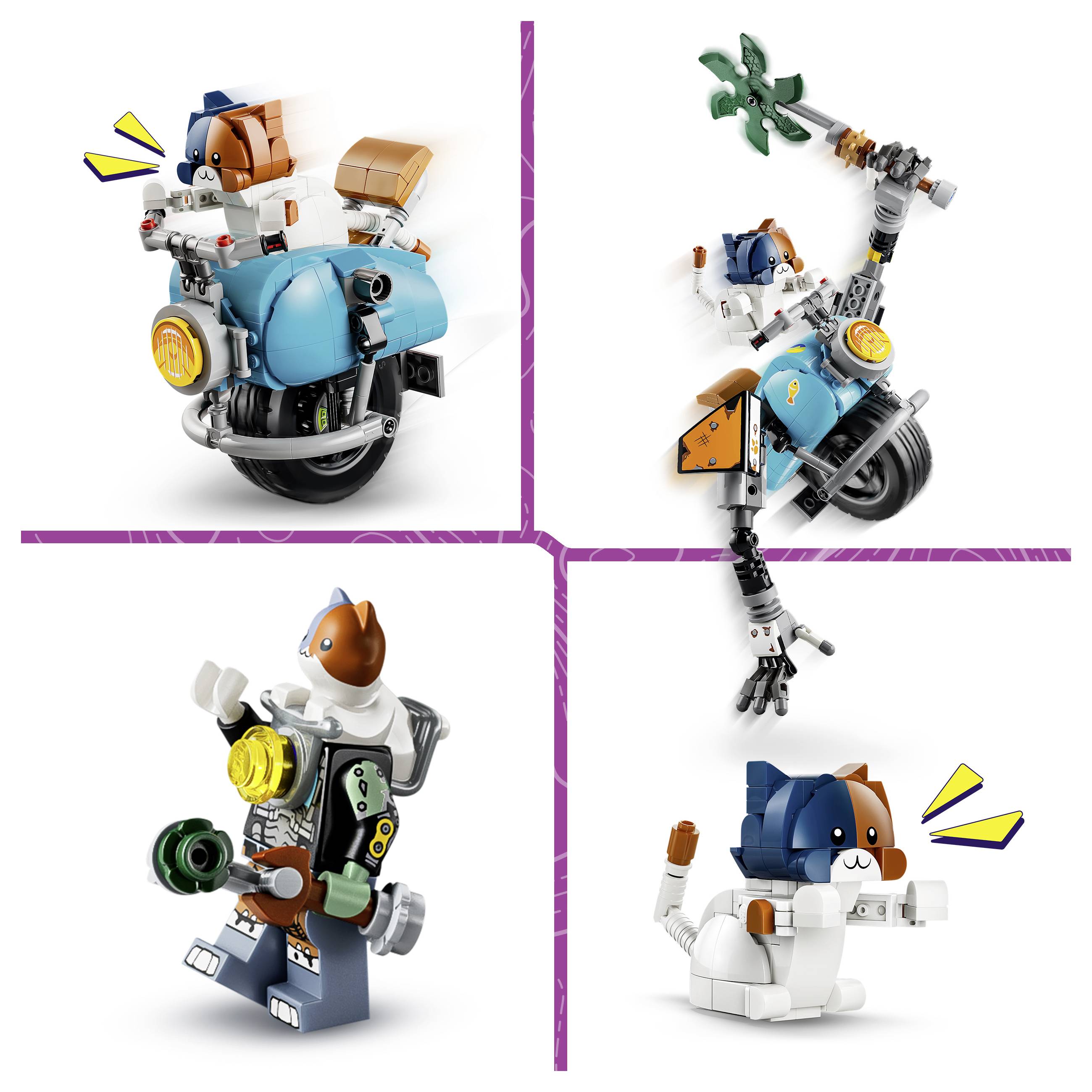 Čtyři pohledy na LEGO figurku psa/zvířete v oranžové a modré barvě v různých pozicích na bílém pozadí s purpurovými dělícími čarami.