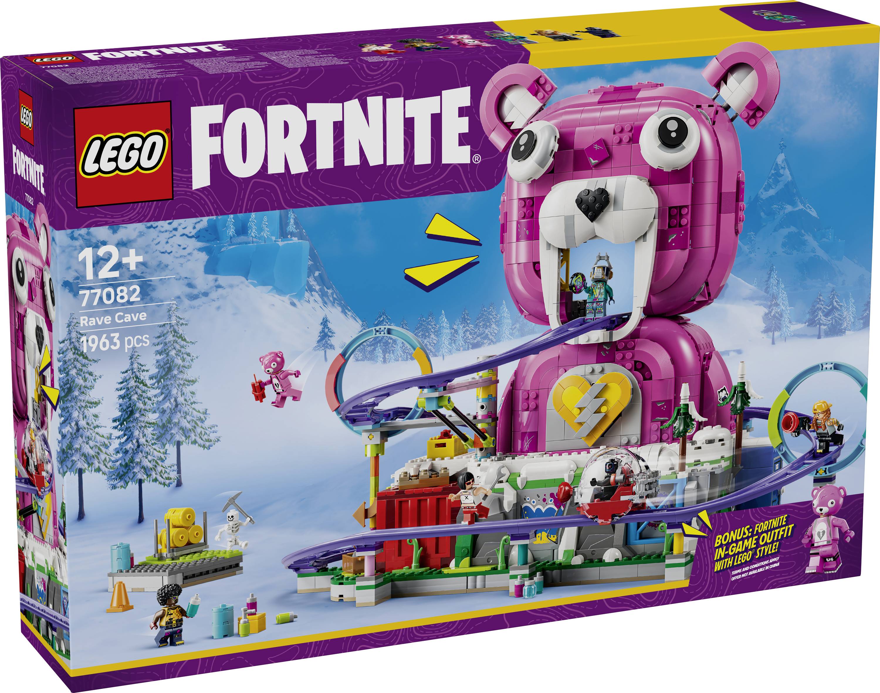 LEGO Fortnite sada "Rave Cave" s krabicí zobrazující stavbu růžové medvědí hlavy, závodní dráhu a minifigurky; 1963 dílů, věk 12+