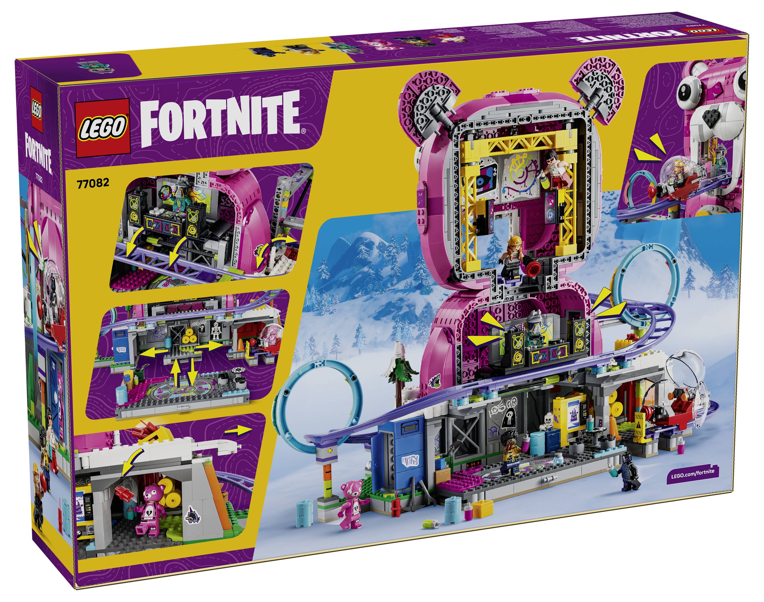 LEGO Fortnite 77082 obal se zobrazením sady na hraní s růžovou stavbou tvaru medvědí hlavy, miniaturními figurkami, skluzavkami a smyčkovou dráhou v zasněžené scéně.