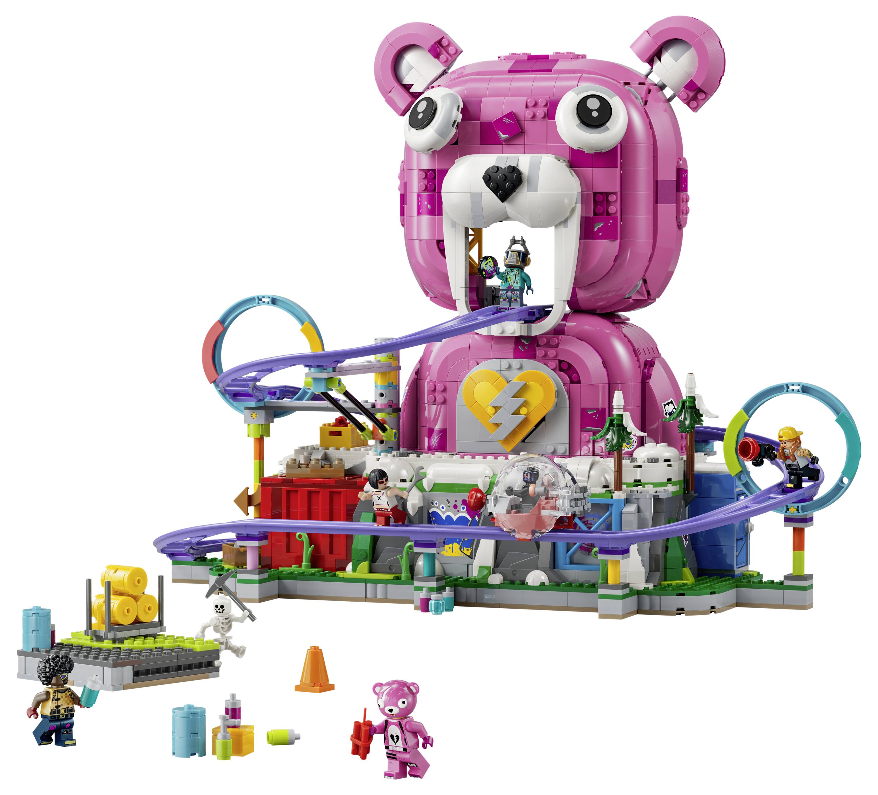 Růžový LEGO park zábavný v podobě medvěda se smyčkovými drahami, srdcovým znakem, minifigurkami a malou platformou jízdy na bílém pozadí.