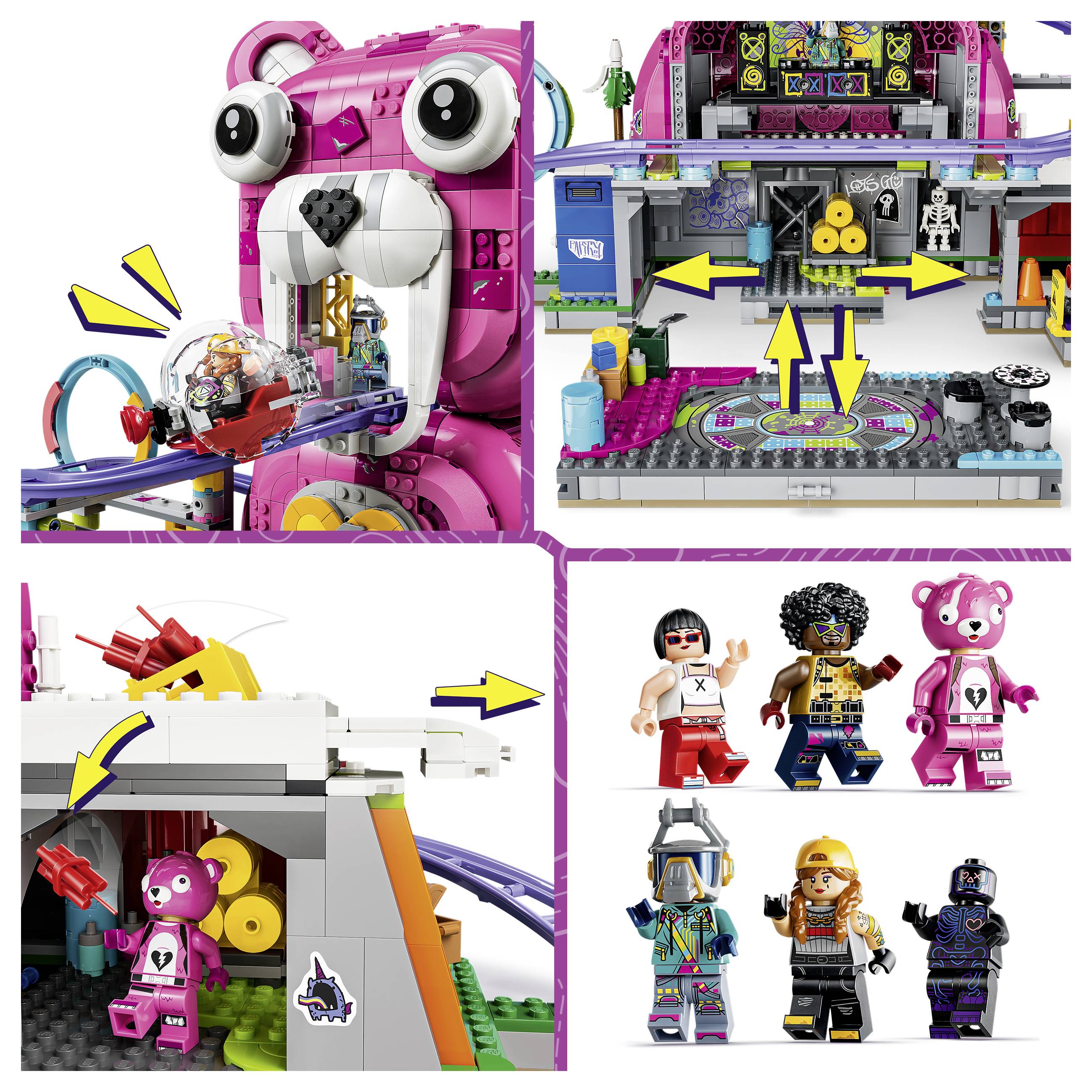 Koláž sady LEGO Friends zobrazující stavbu s motivem růžového medvěda a interaktivními prvky s minipanelami, šipky ukazující pohyblivé části a skryté hracích zóny.