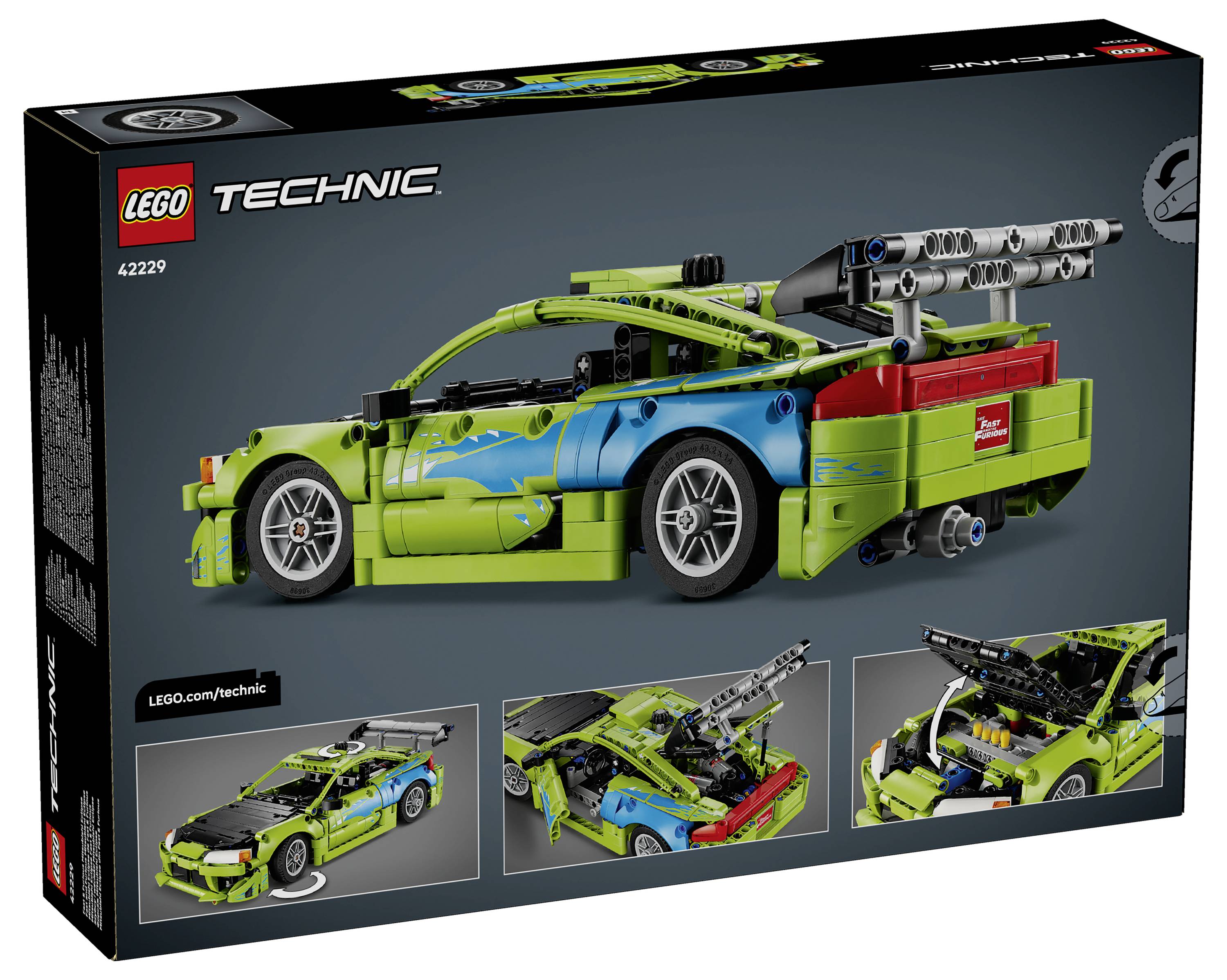 Obalová grafika LEGO Technic 42229 zobrazující limetkově zelený a modrý závodní vůz se zadním křídlem a třemi menšími pohledy na stavby.