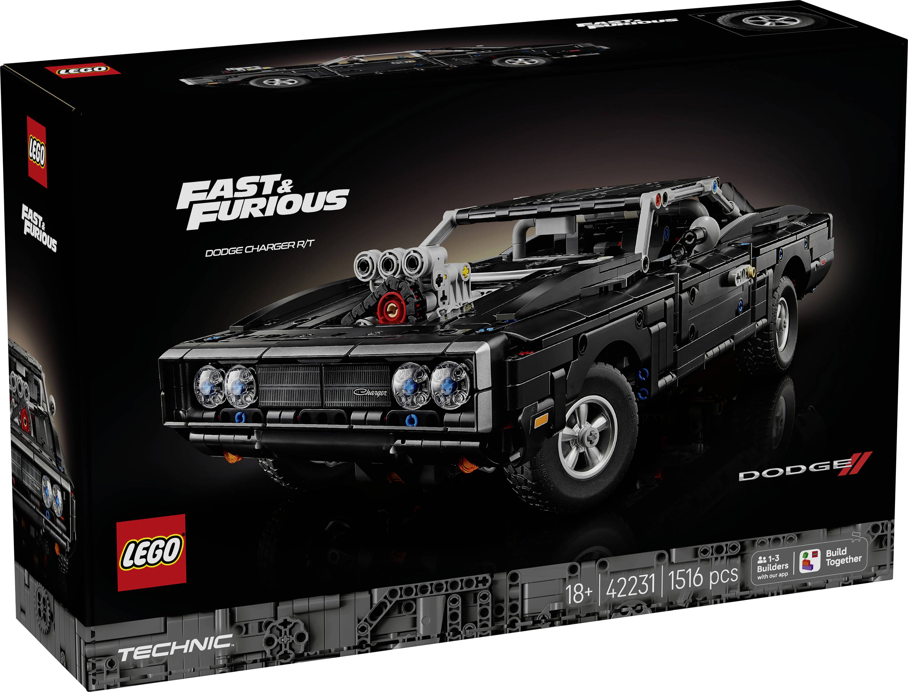 LEGO Technic Fast & Furious Dodge Charger R/T stavebnice s černým modelem svalnatého automobilu a štítkem 18+ s 1516 kusy.