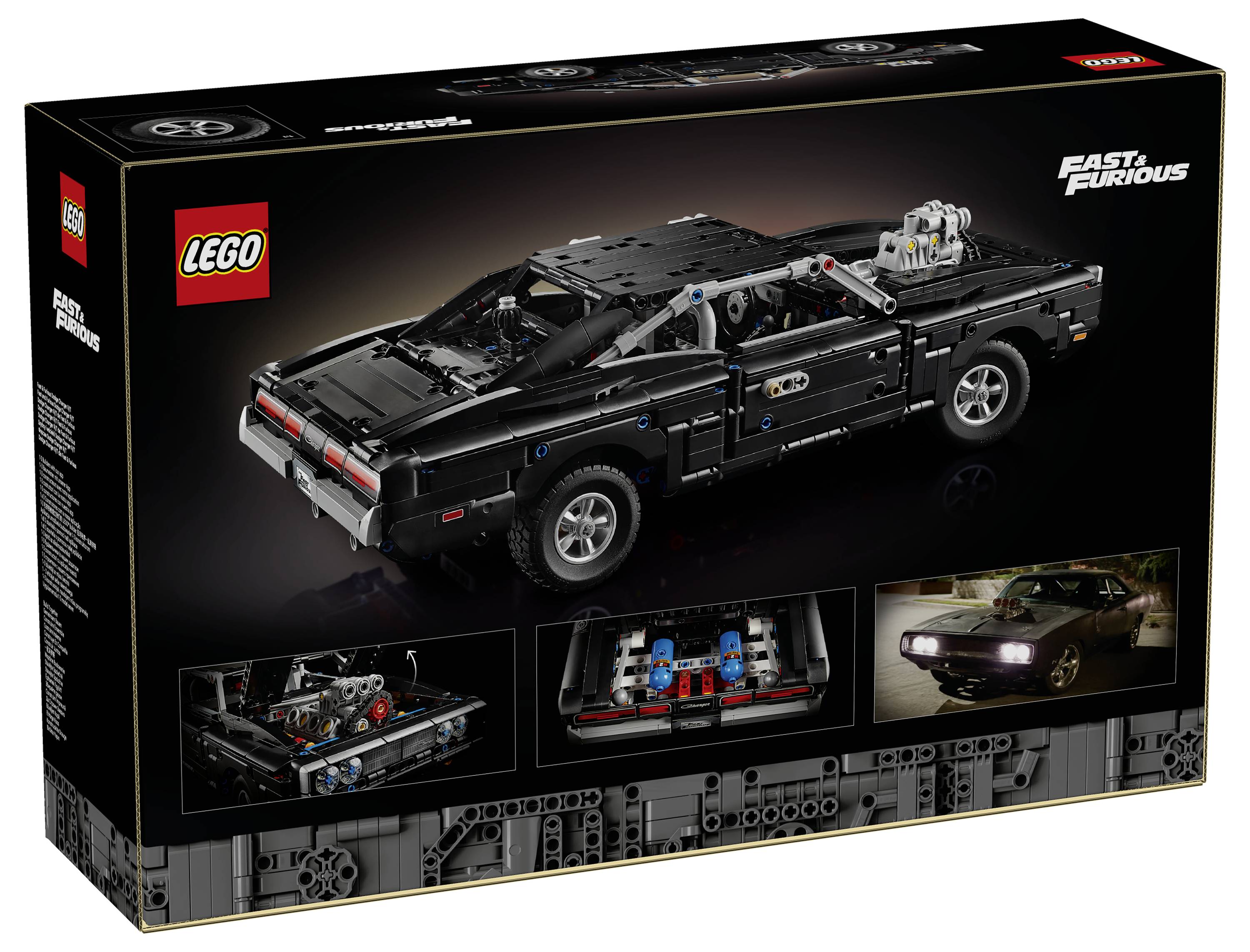 Krabice sady LEGO Fast & Furious s modelem černého klasického svalnatého auta, s menšími obrázky motoru, interiéru a scény z jízdy.