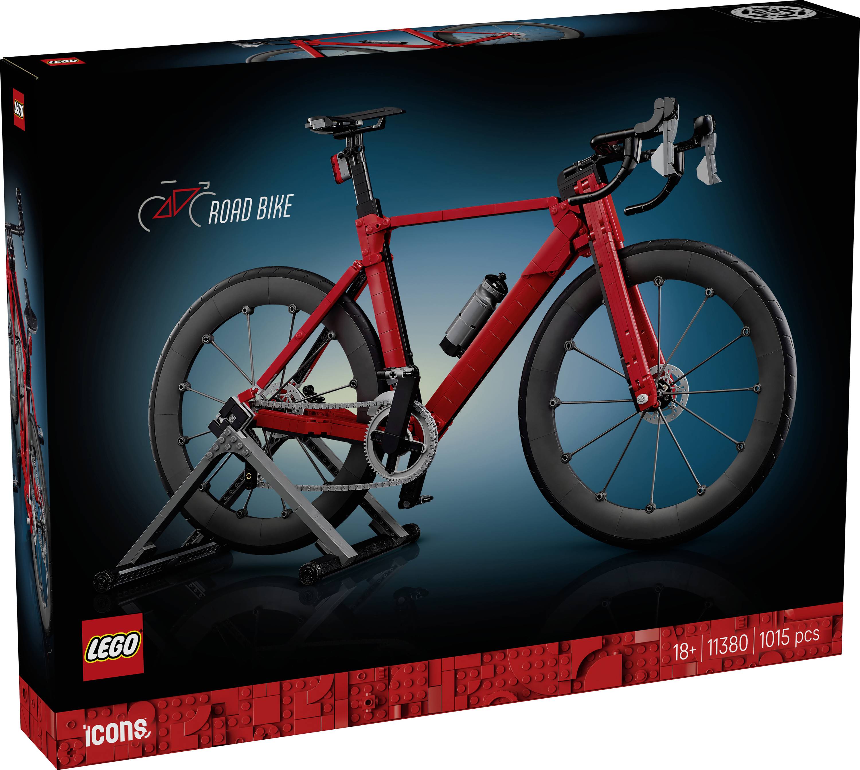 LEGO Icons sada "Silniční kolo" s krabicí zobrazující červené silniční kolo na stojanu, označené 18+, sada číslo 11380, 1015 dílků.