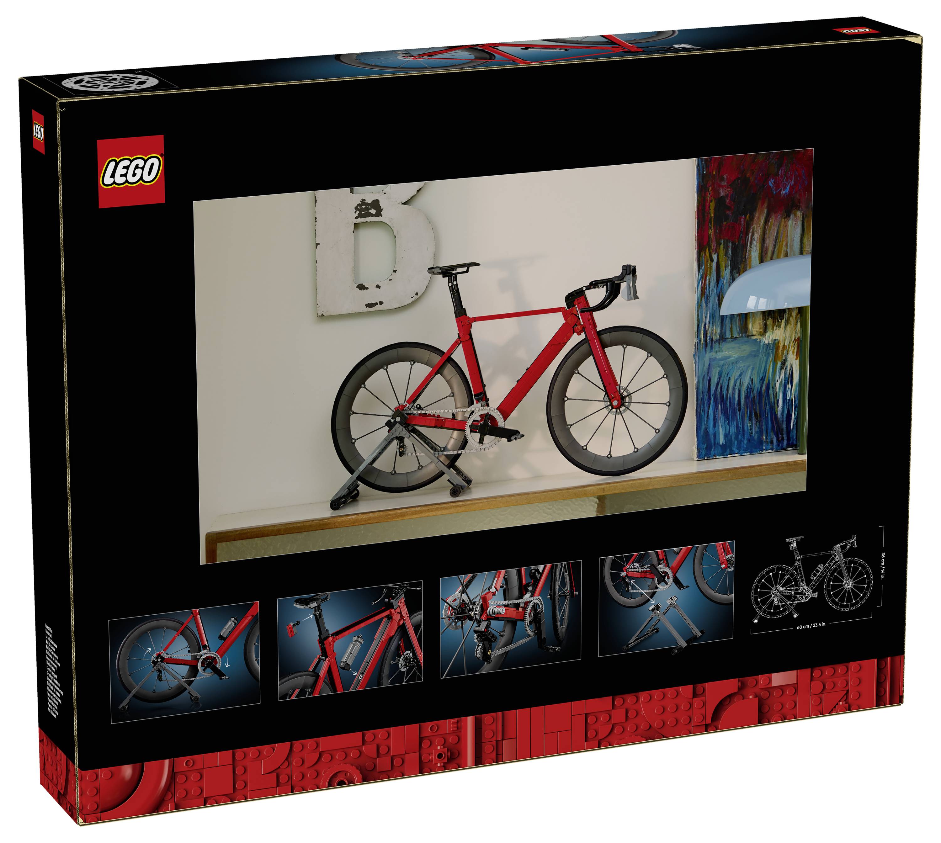 Krabice LEGO znázorňující model červeného silničního kola na výstavě s malými vloženými obrázky detailů stavby a černočerveným designem produktu.