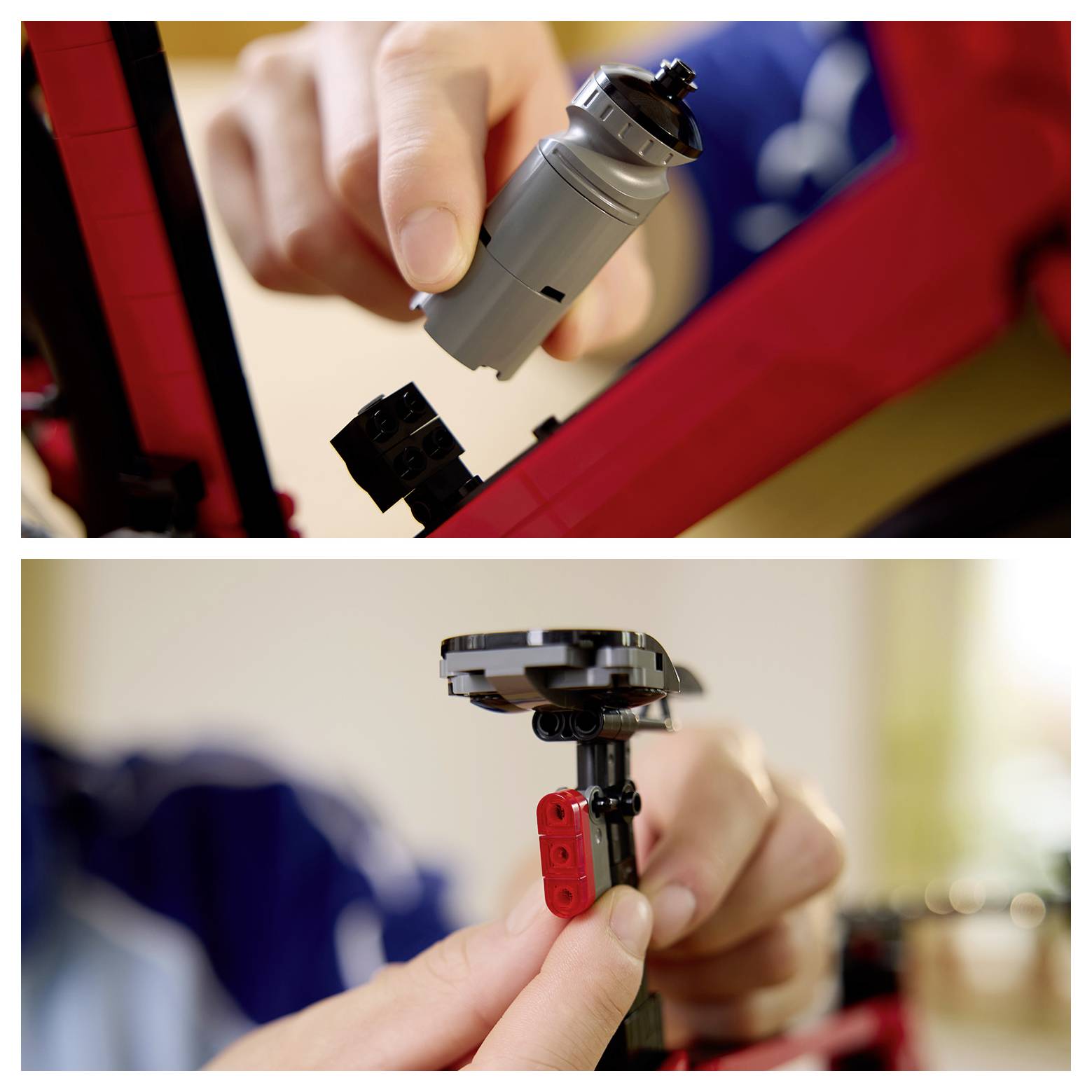 Detailní záběr na ruce, které sestavují malý model ve stylu LEGO, umísťují šedý díl a poté připevňují komponenty v černé a červené barvě.