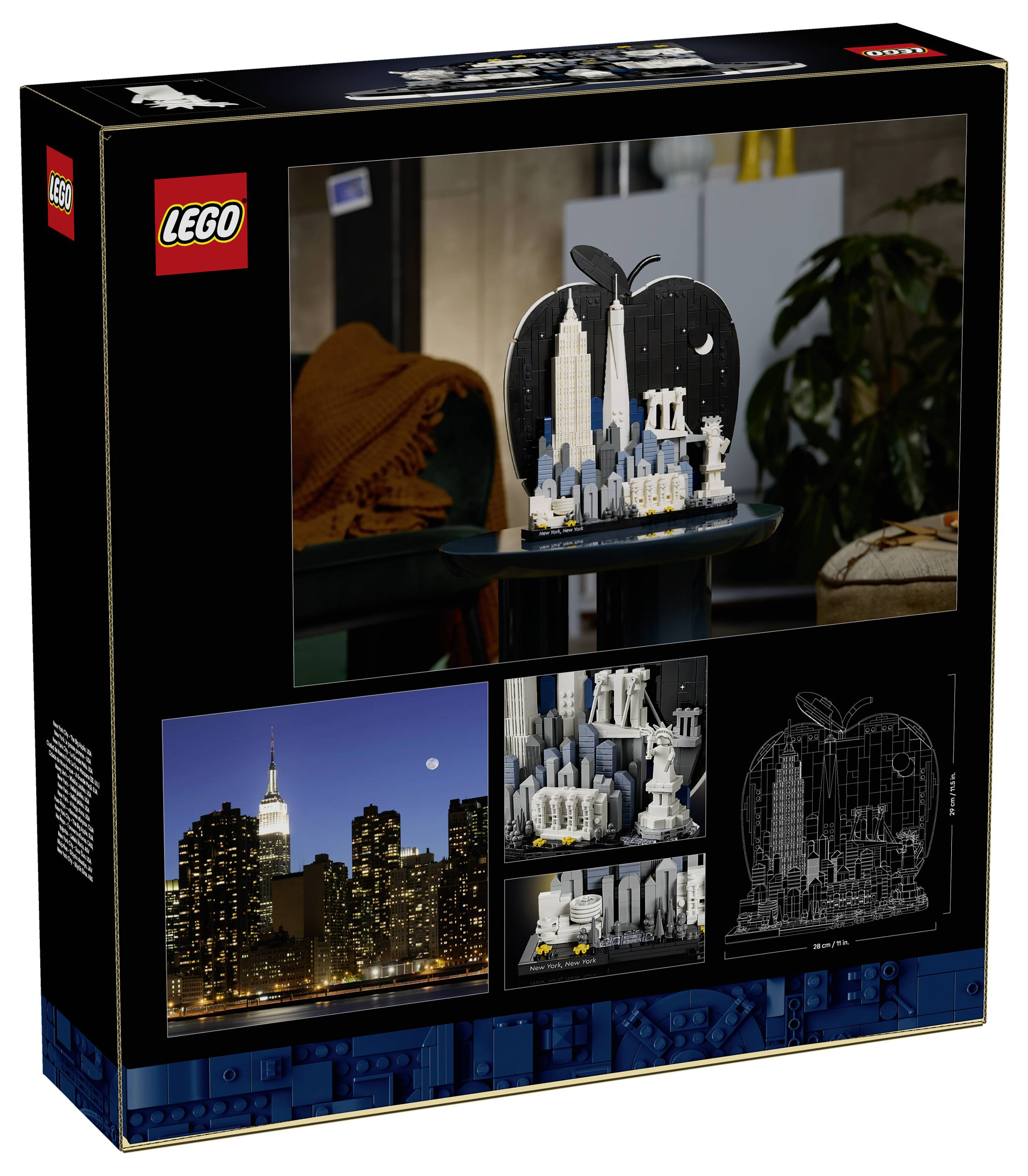 Sada LEGO Architecture zobrazující model newyorské siluety s Empire State Building, včetně vložených obrázků hotové stavby a pohledů na návrh.