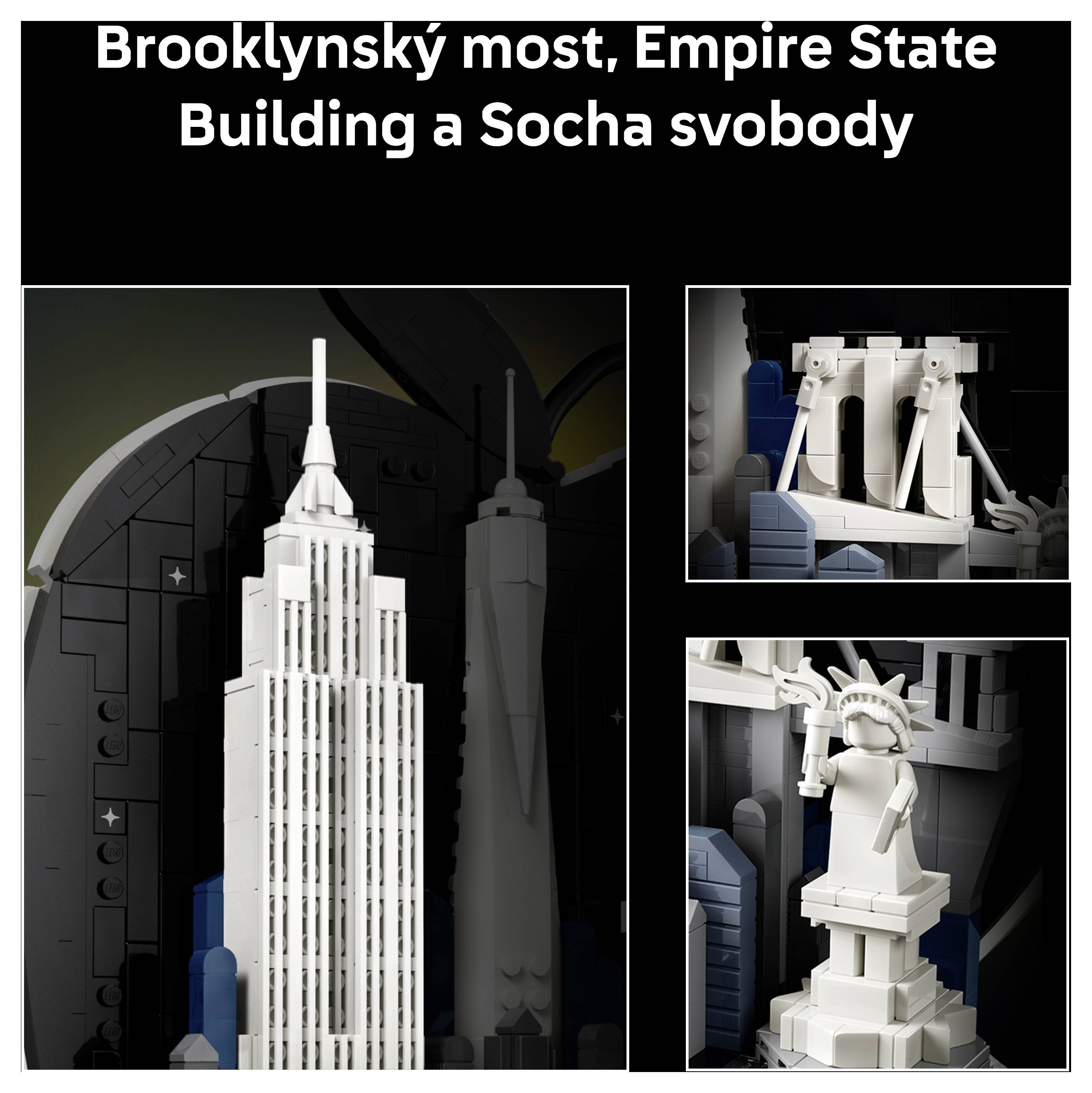 Koláž LEGO modelů Brooklynského mostu, Empire State Building a Sochy svobody s názvem "Brooklynský most, Empire State Building a Socha svobody".