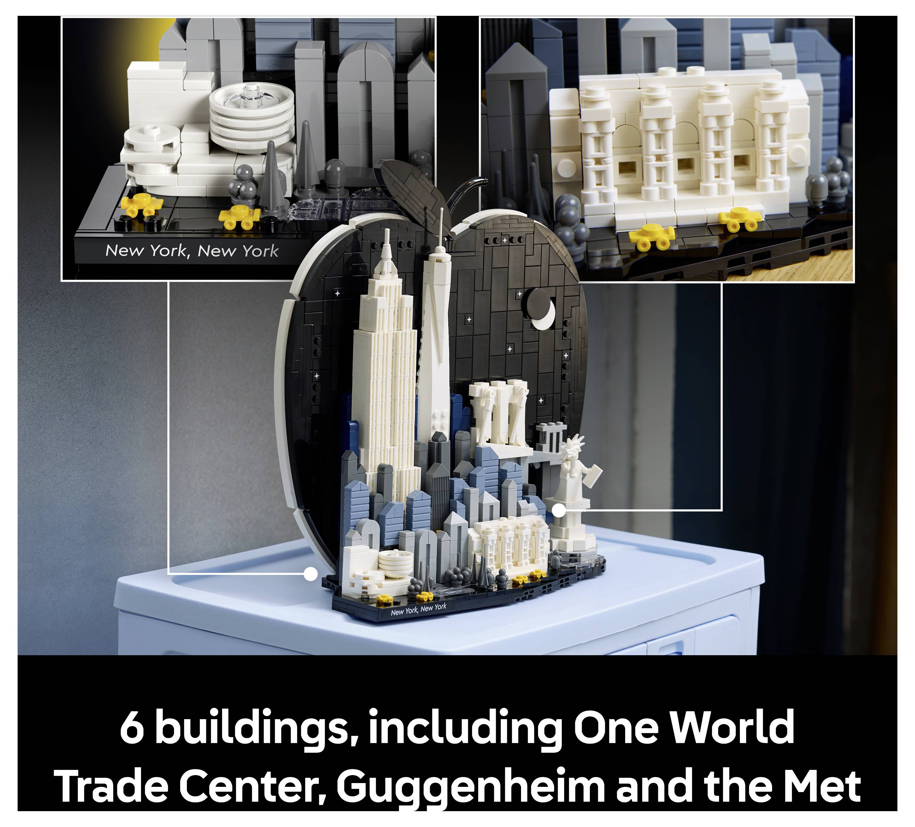 LEGO model newyorské panoramy ve stylu LEGO s šesti budovami, včetně jednoho světového obchodního centra, Guggenheimia a Metropolitního muzea, s vloženými detailními zblízka.