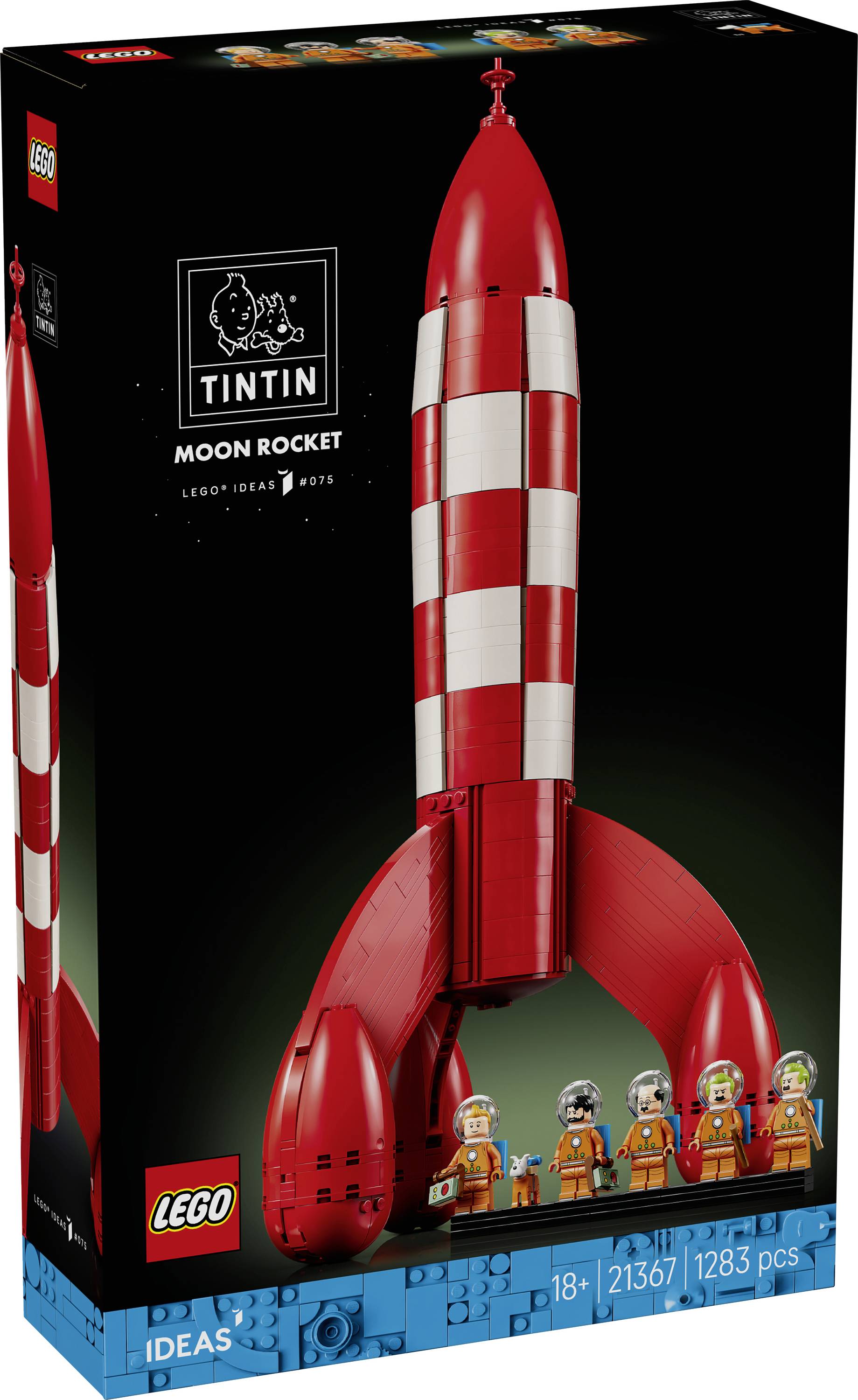 LEGO Icons sada 'Tintinova měsíční raketa' v krabici, zobrazující červenobílou raketu s figurkami Tintina a posádky; 18+, sada 21367, 1 258 dílků.