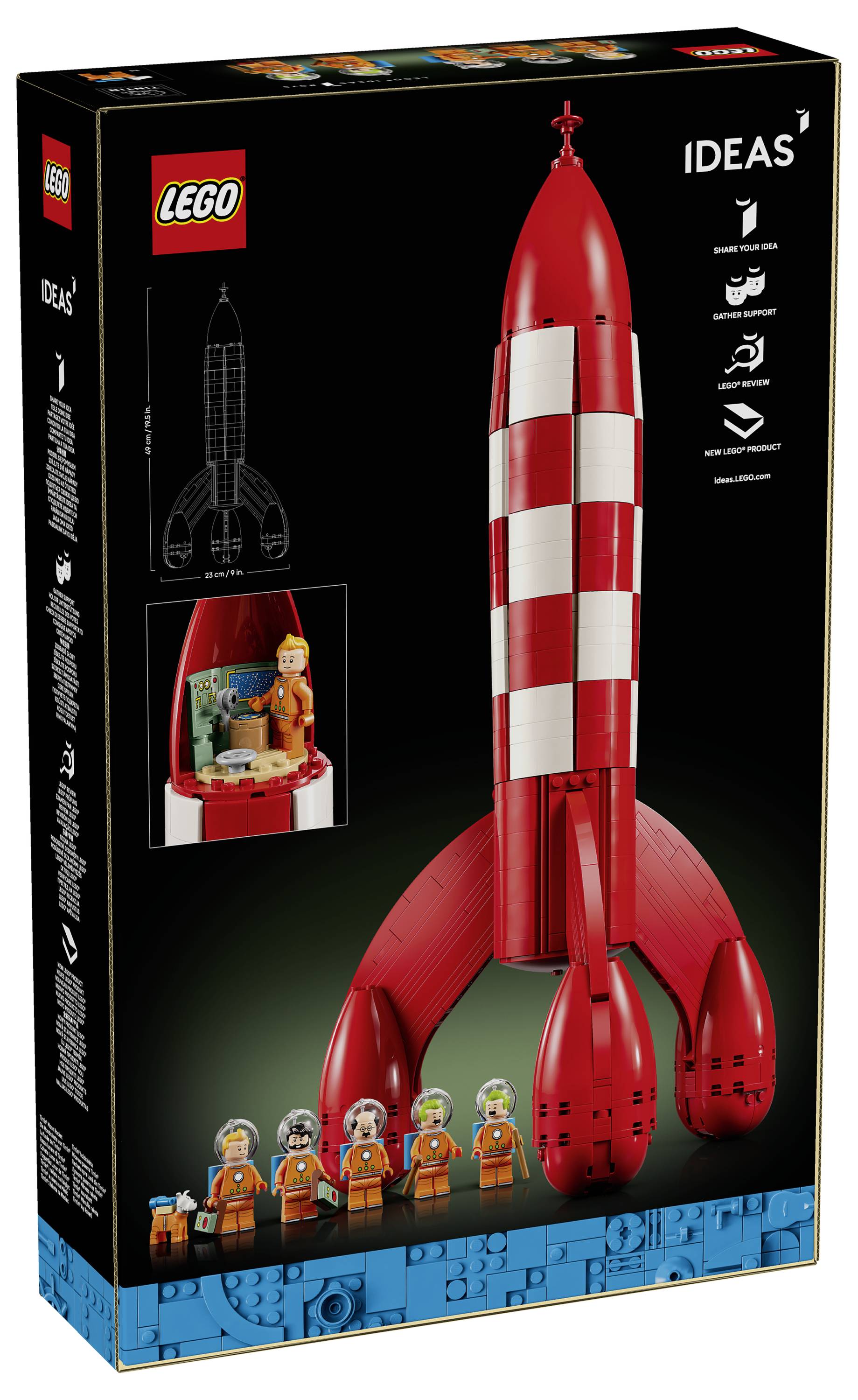 LEGO Ideas model rakety na obalu s červeno-bílou raketou se čtyřmi nohami a minifigurkami v dolní části.