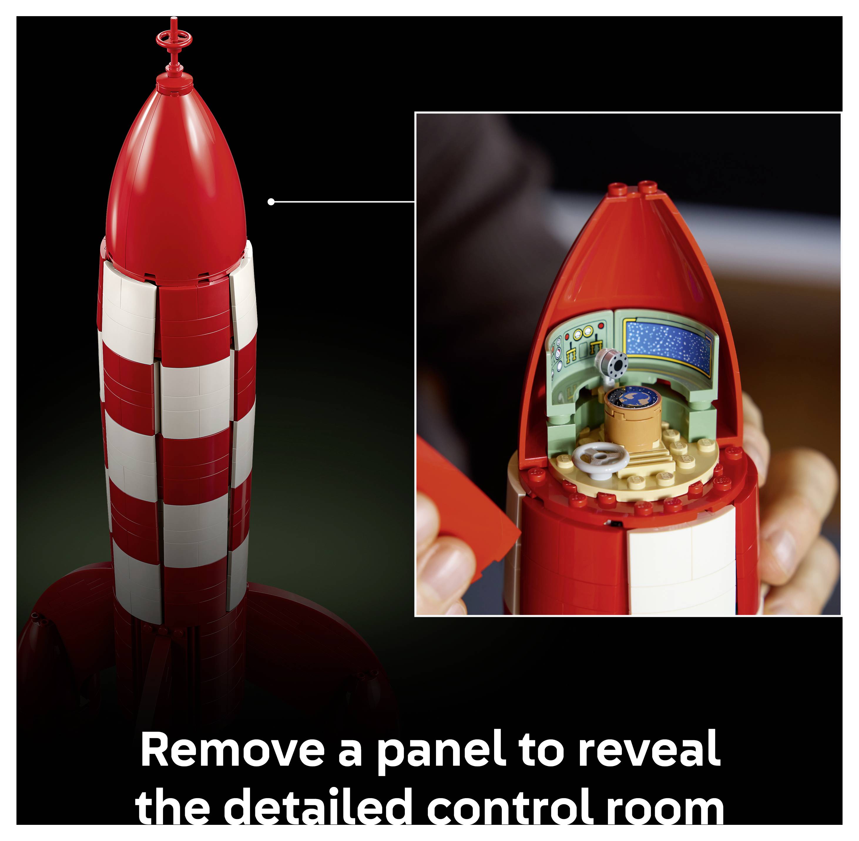 Červená model rakety se odnímatelným bočním panelem odhalujícím detailní řídící místnost uvnitř; titulek zní „Odstraňte panel a odhalte detailní řídící místnost".