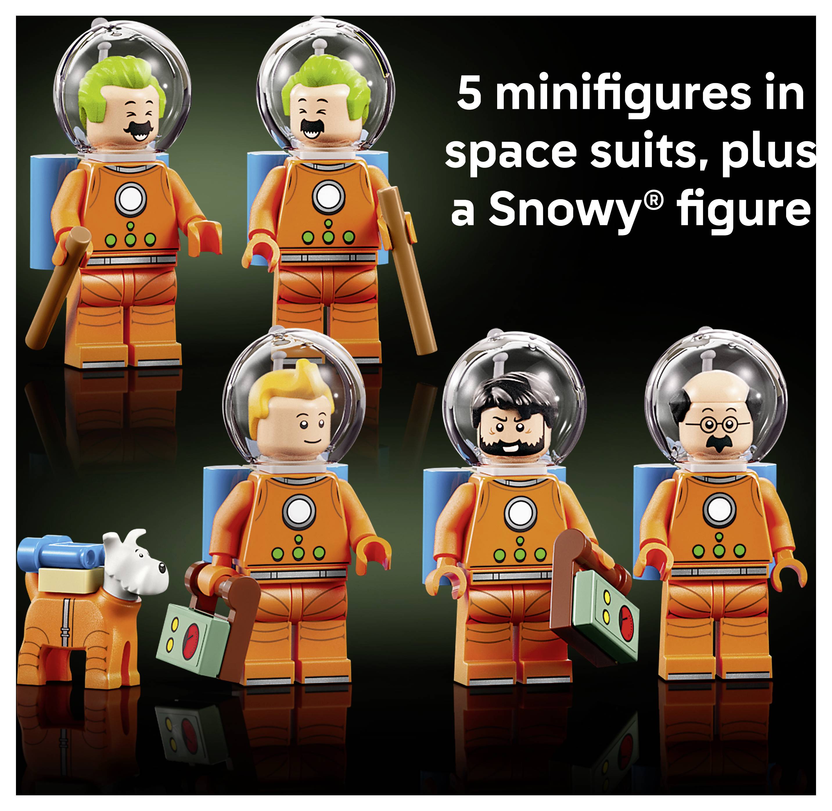 Pět LEGO-stylových miniaturních figurek v oranžových kosmických oblecích s přilbami a figurka Sněhuláka, zobrazená s textem „5 miniaturních figurek v kosmických oblecích, plus figurka Sněhuláka".
