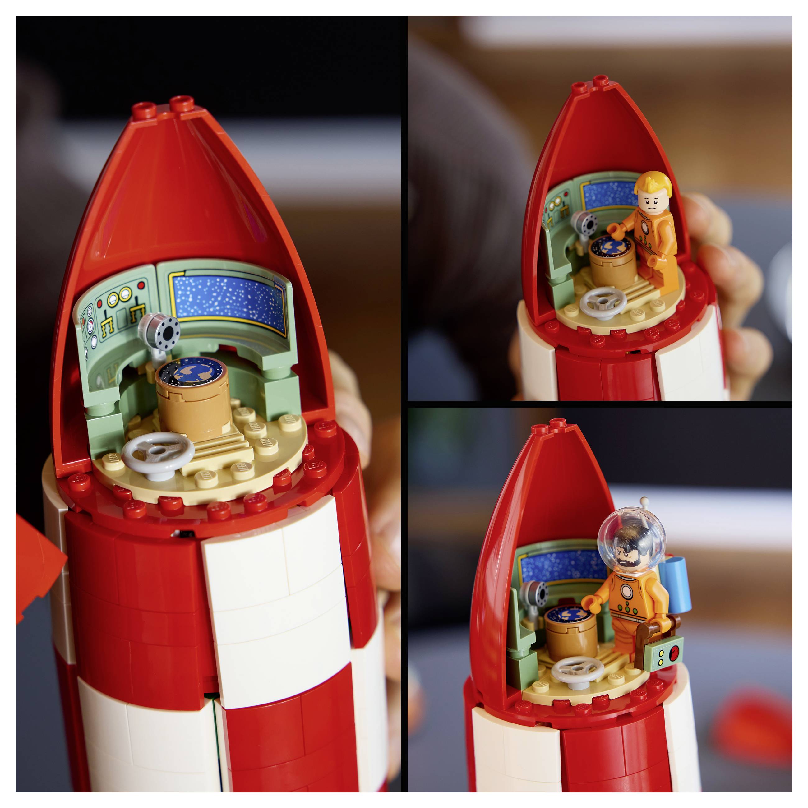 Koláž zobrazující červenou hračkovou raketu s otevřeným vrchem, který odhaluje malý kokpit; dva panely obsahují figurku LEGO astronauta v interiéru, jeden s přilbou.