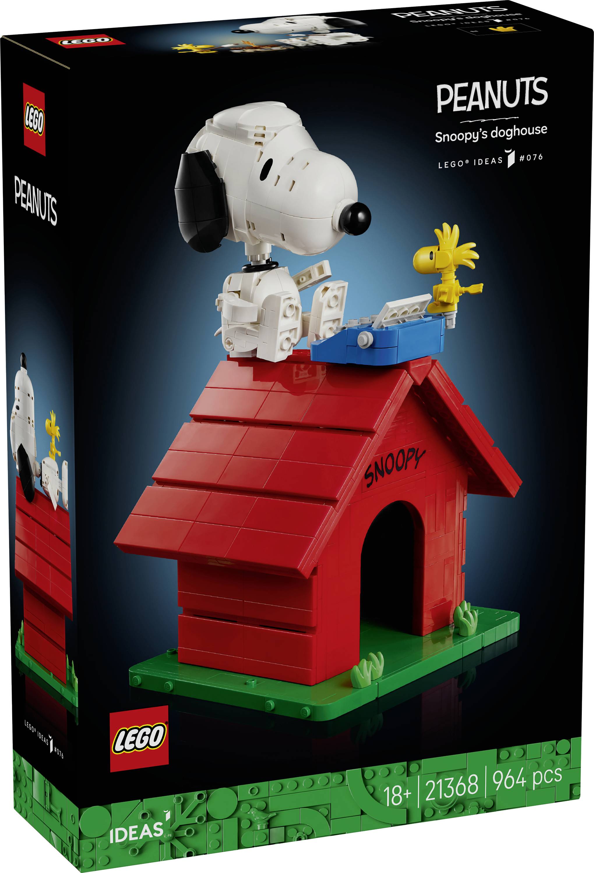LEGO Ideas sada "Peanuts" Snooopyho psí boudy, na krabici je Snoopy na červené psí boudě se Woodstockem poblíž; 964 dílků, věk 18+.