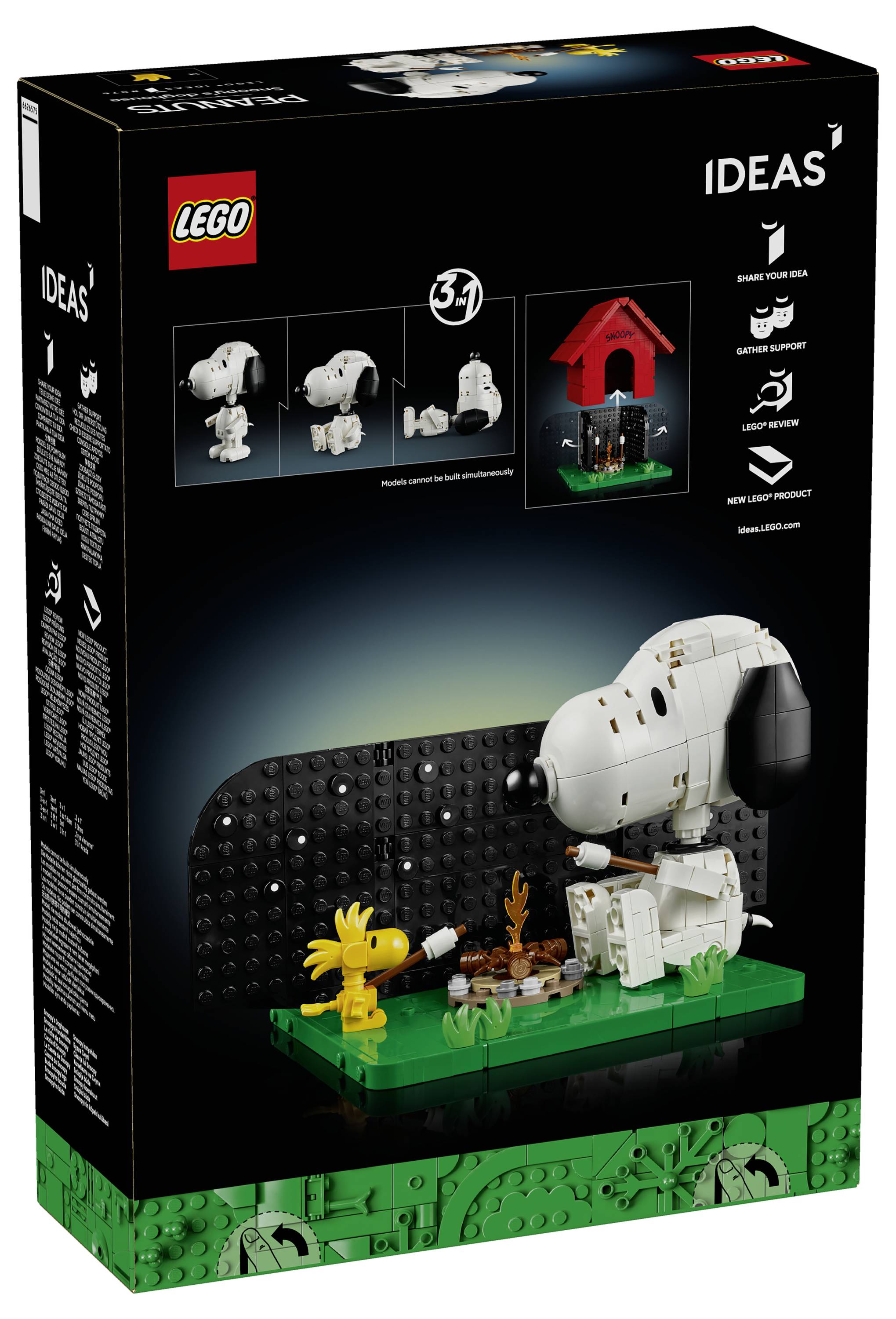 LEGO Ideas sada "Nejmenší dům" s obalem zobrazujícím malý bílý dům, žlutý strom a táborák na zelené podstavě, s obrázky náhledu modelu na balení.