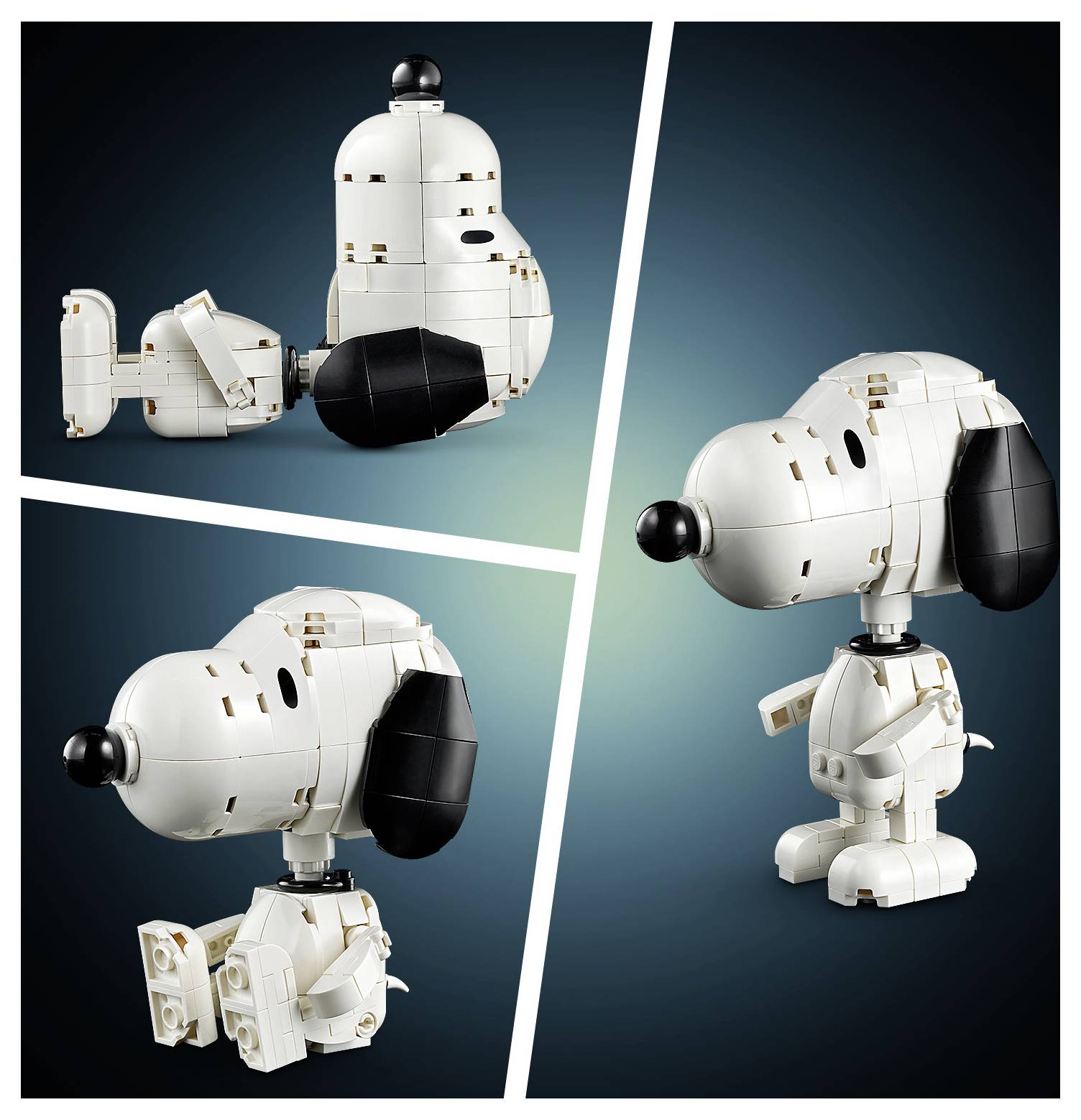 Tři pohledy na figurku LEGO Snoopy, znázorňující ji ležící, sedící a stojící na modrém přechodovém pozadí.