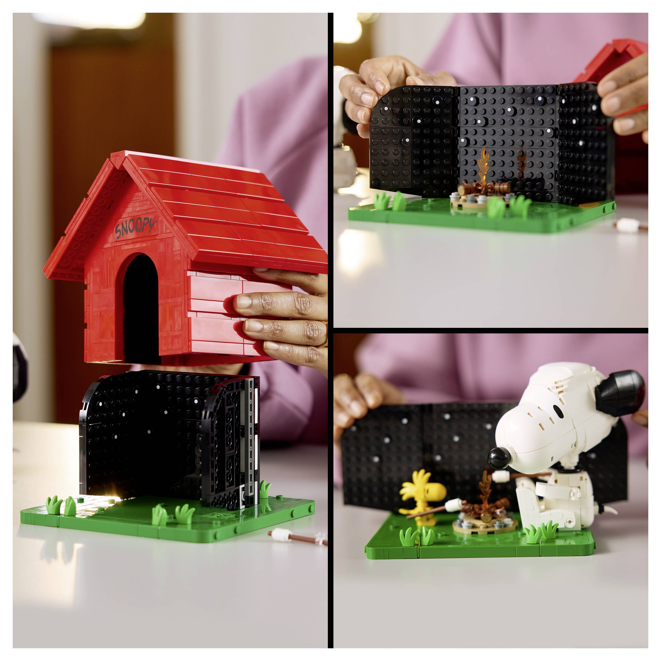 Osoba skládající sadu LEGO psí boudy Snoopyho, která ukazuje červenou střechu, černou základnu a postavu Snoopyho na zeleném základním podkladu.