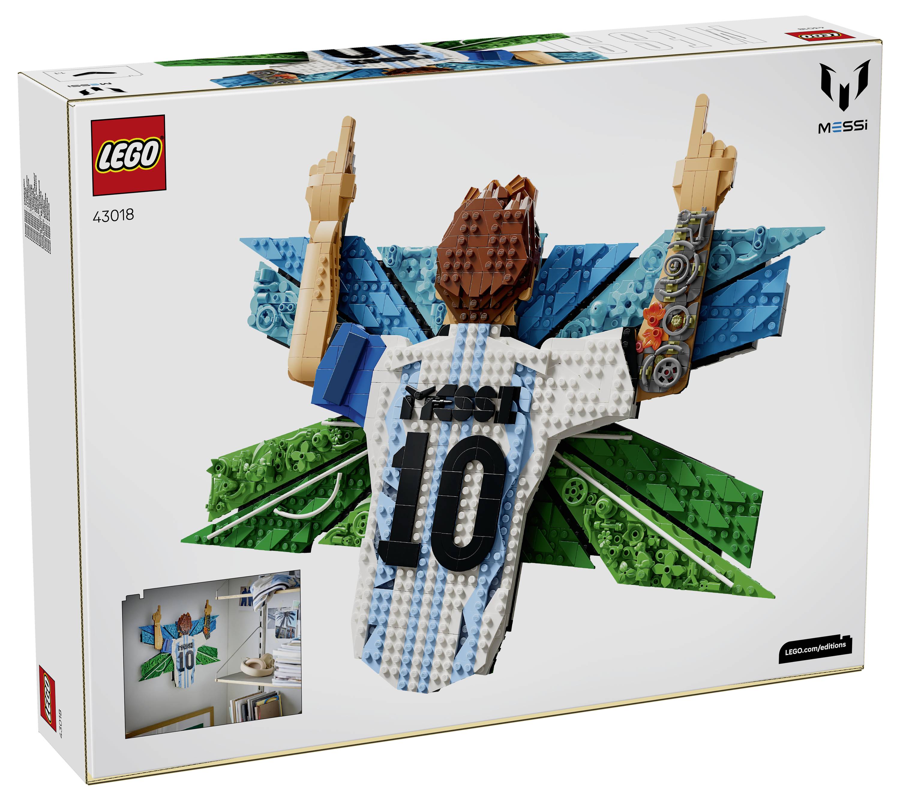 Krabice sady LEGO Messi zobrazující ze stavebnic postaveného fotbalistu v argentinském dresu číslo 10 se zdviženýma rukama a křídly, s logem značky LEGO a MESSI.