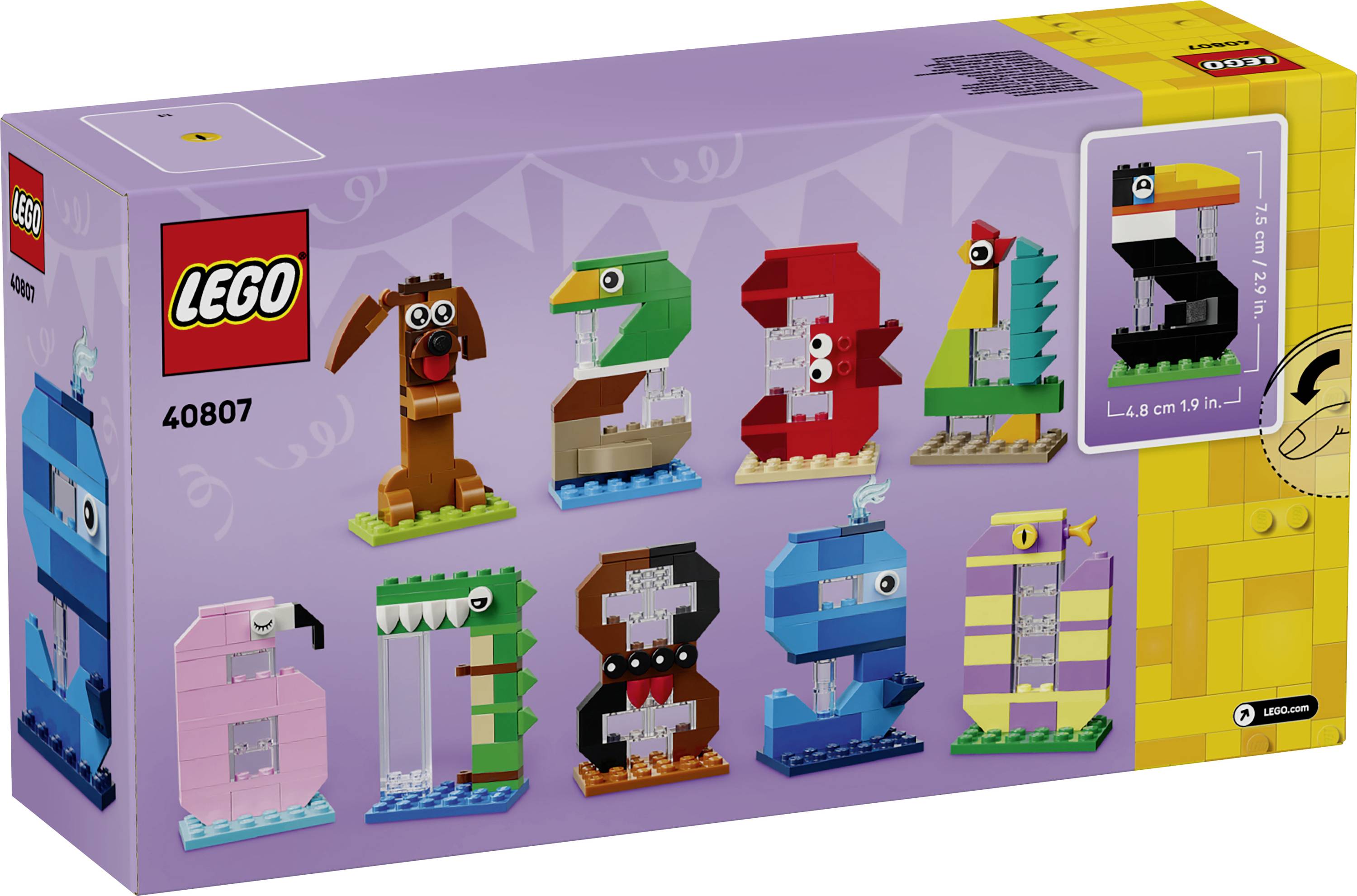 LEGO Creator sada 40807 na krabici s barevnými stavitelnými písmeny zvířat a modely zaměřenými na čísla, s vložkou „2 in 1" na pravé straně.