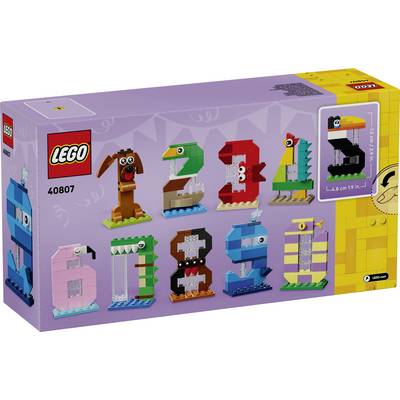 LEGO Creator sada 40807 na krabici s barevnými stavitelnými písmeny zvířat a modely zaměřenými na čísla, s vložkou „2 in 1" na pravé straně.