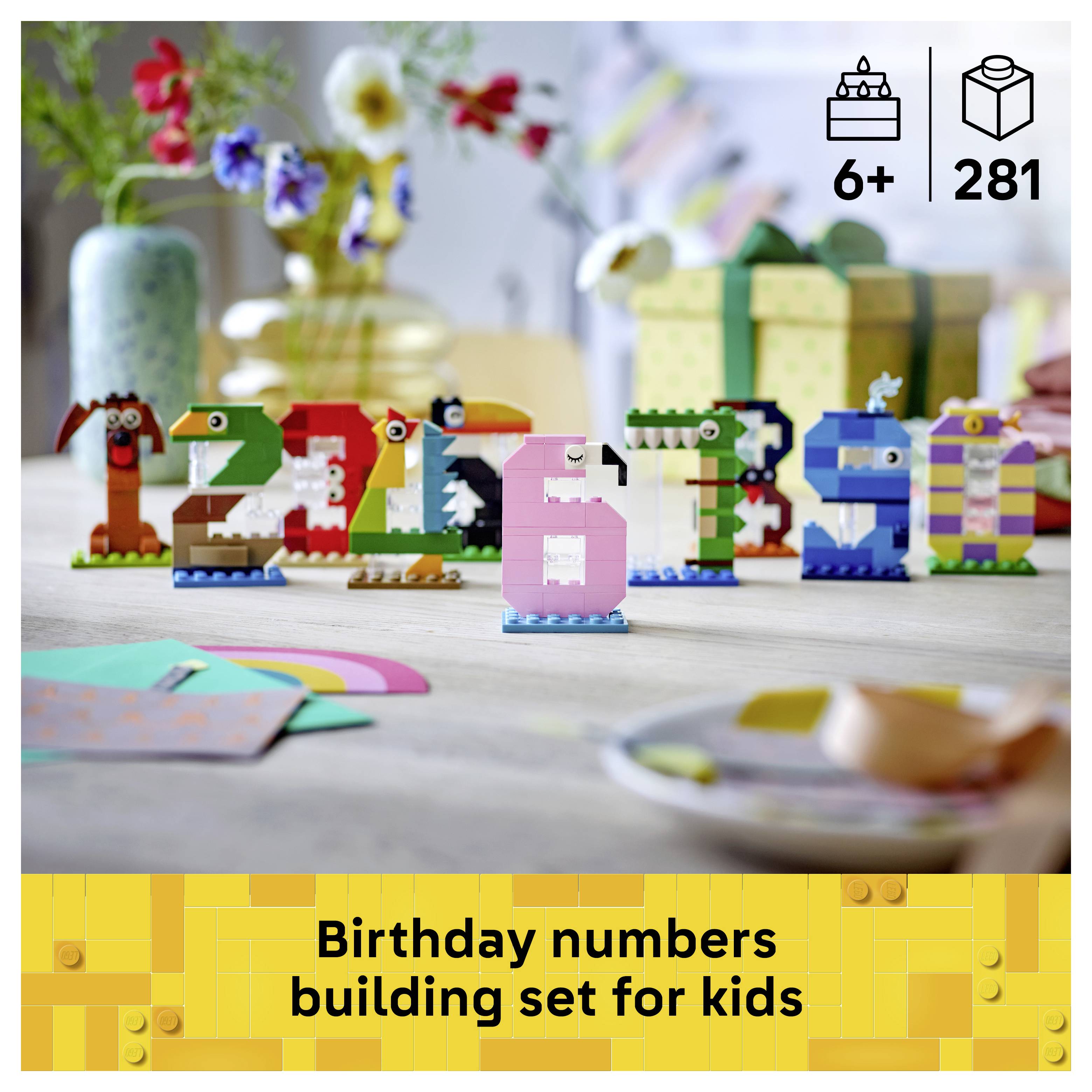Barevná stavebnice čísel ve stylu LEGO pro děti, která znázorňuje číslo "6" a další čísla, s ikonami "6+" a "281" ukazujícími věkovou kategorii a počet dílků.