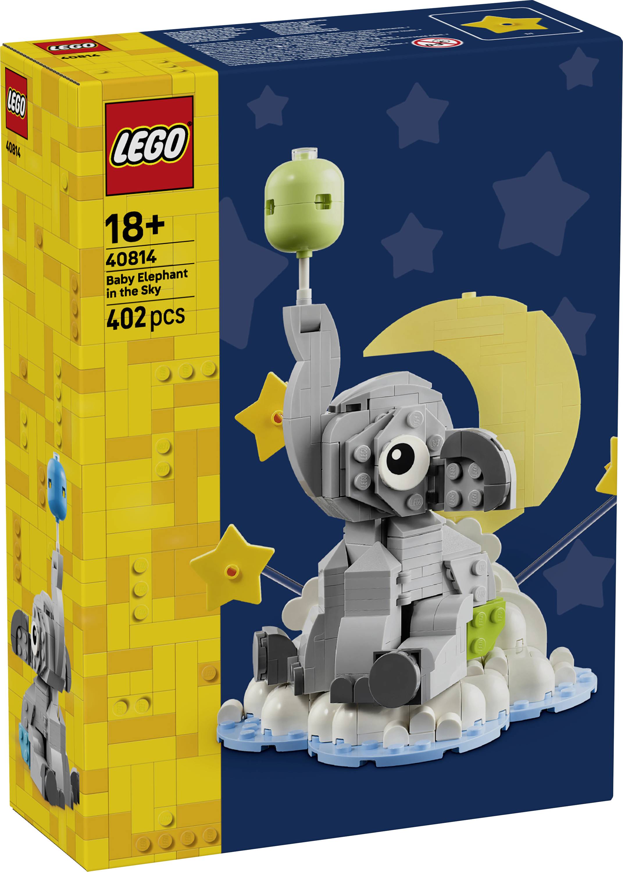 LEGO krabice na sadu "Baby Elephants in the Sky" (Malí slůňata na obloze) č. 40814, věk 18+, 402 dílků, zobrazující šedého malého slůněte sedícího na mracích s balónkovitou stopkou před noční oblohou.