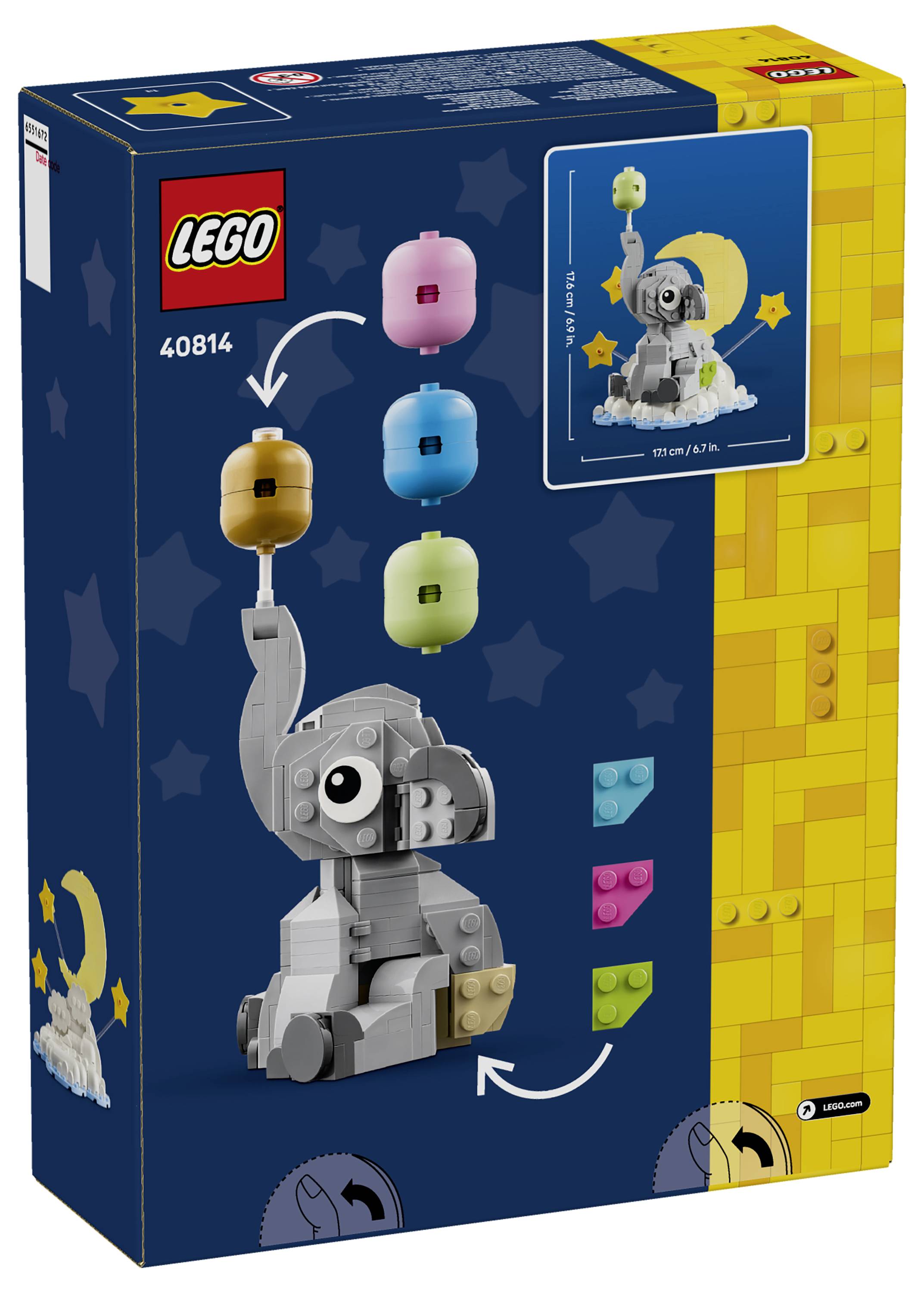 Krabice sady LEGO Disney 40814 zobrazující figurku malého Dumba v šedé barvě s částmi měnícími barvu v pastelových tónech a náhledem malé scény s měsícem a hvězdami.