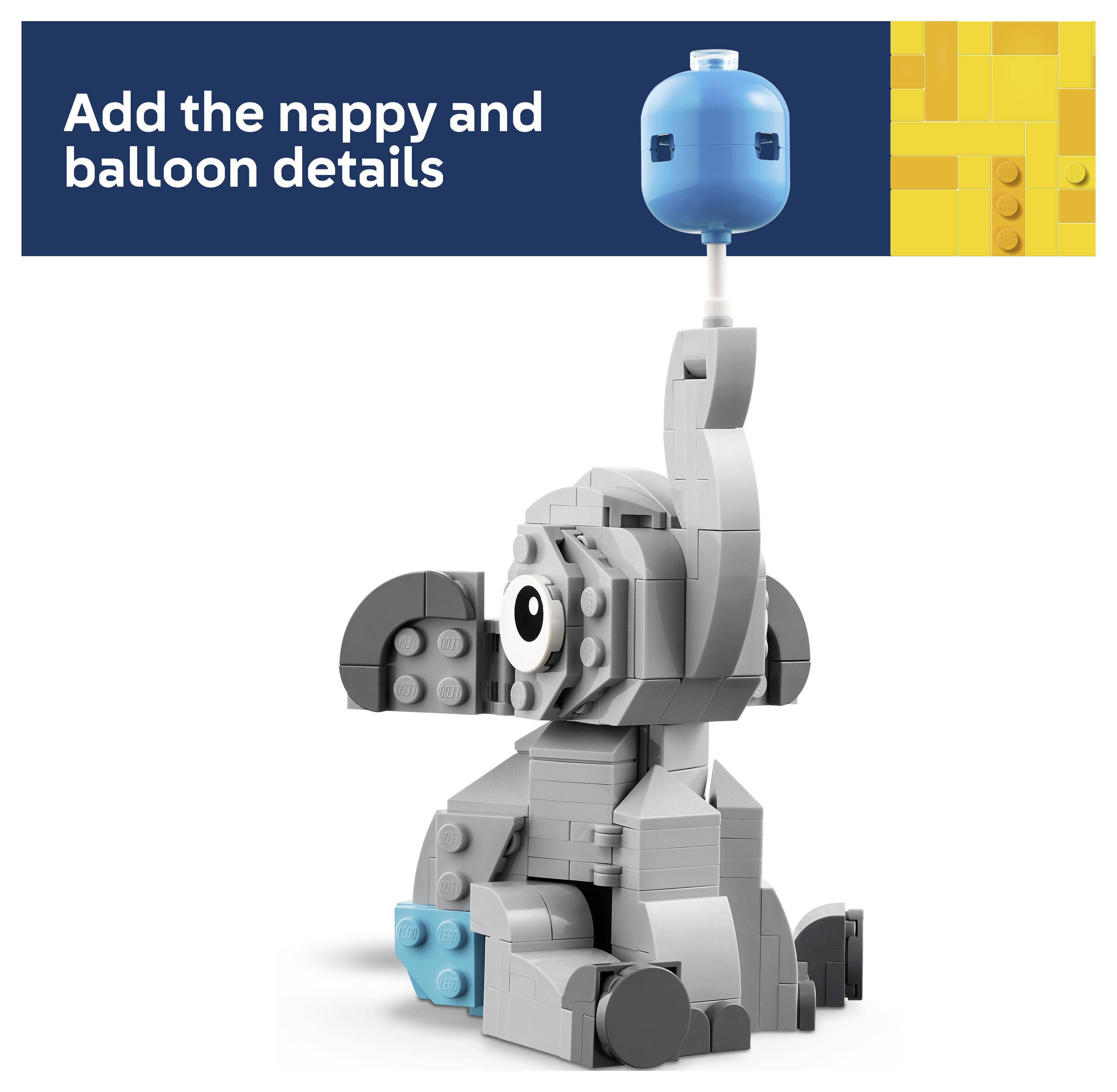 LEGO-style šedý model slona s modrým balonem na vrchu a modrým objektem u jeho nohy; nápis na banneru říká "Přidejte detaily pleny a balonu".
