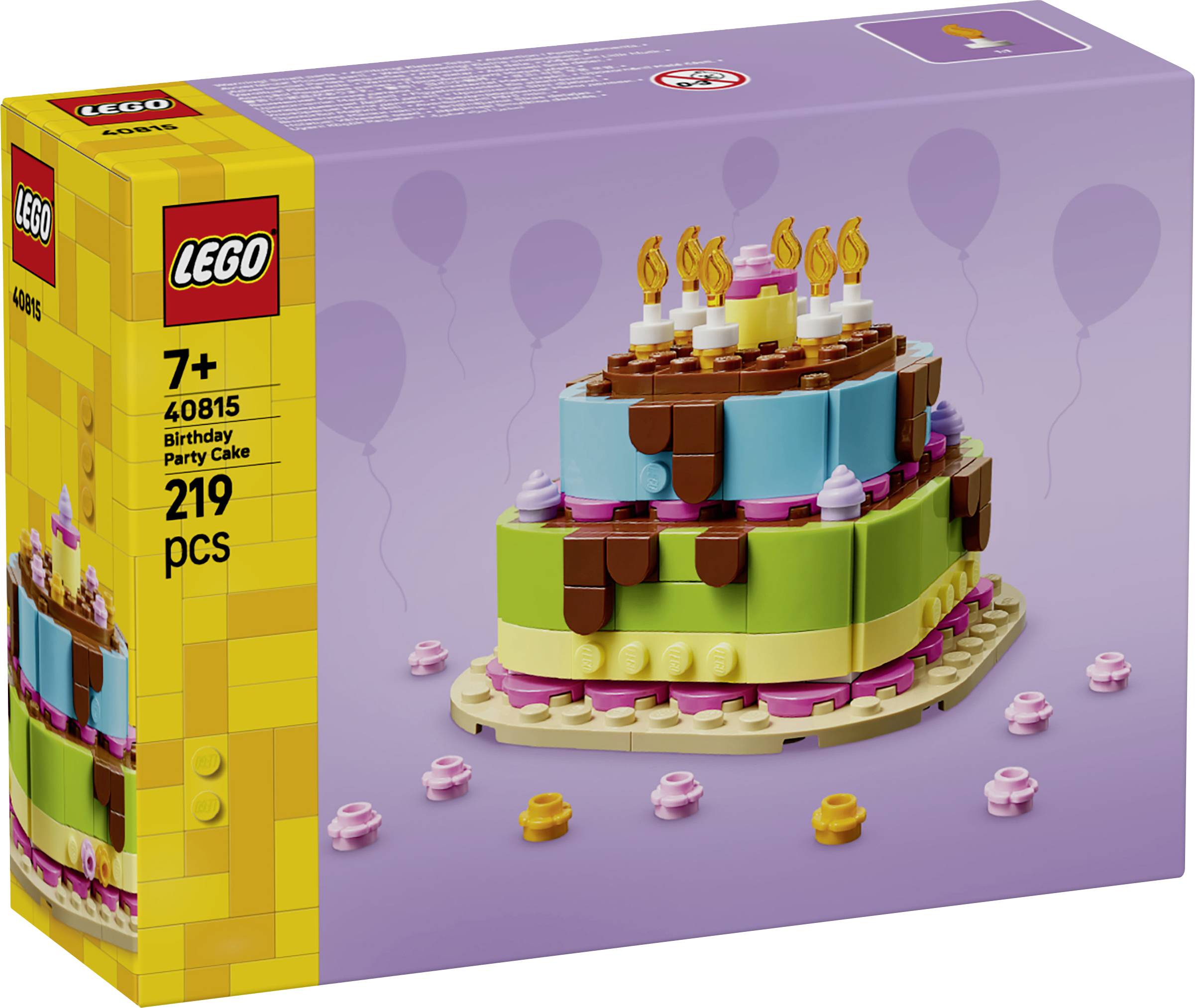 LEGO Sada Narozeninový dort na party, věk 7+, 219 dílků, zobrazující dvoupodlažní dort se svičkami na fialovém pozadí.