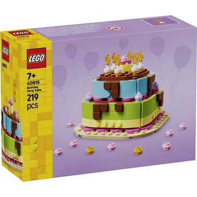 LEGO Sada Narozeninový dort na party, věk 7+, 219 dílků, zobrazující dvoupodlažní dort se svičkami na fialovém pozadí.