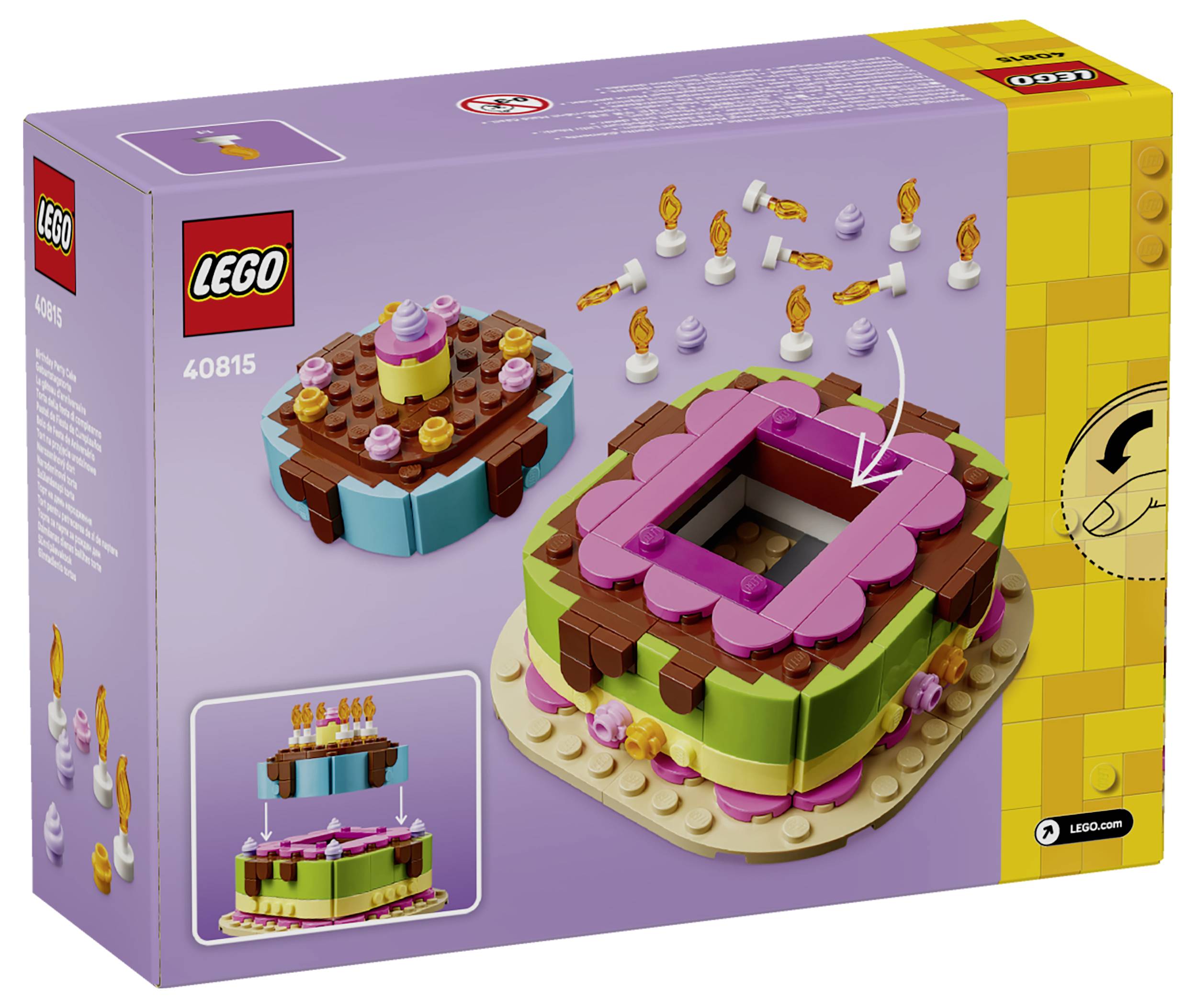 Krabice LEGO sady 40815 zobrazující stavbu ve tvaru dortu s růžovým krémem, zelenými stranami a svíčkami, plus malý vložený obrázek hotového modelu.