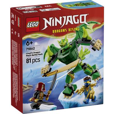 LEGO Ninjago Dragons Rising sada v krabici zobrazující Lloyd's Dragon Mech Battle Pack, věk 6+, 81 dílků, sada 71826, se dvěma minifigurkami a zeleným dračím mechanem.