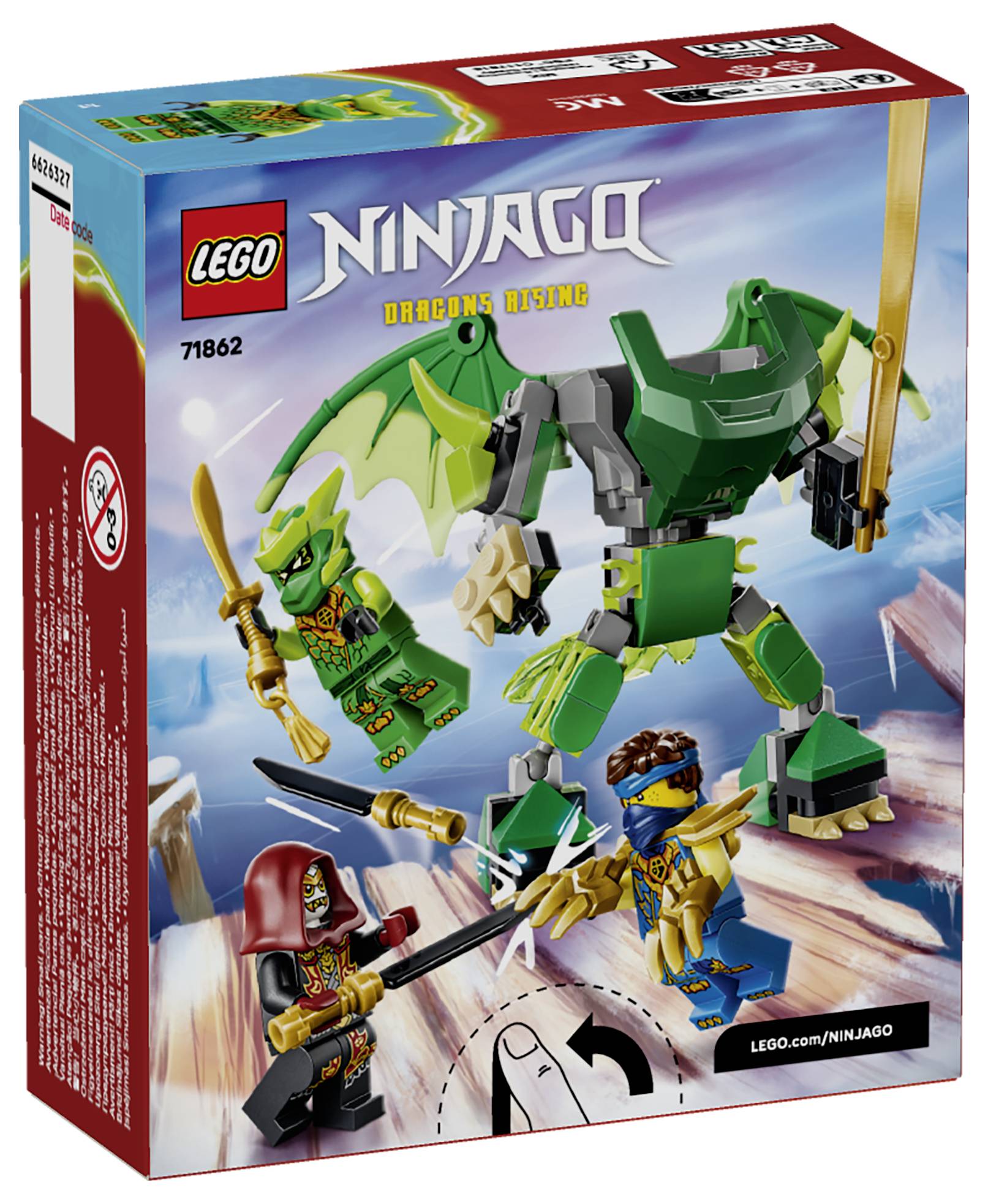 LEGO Ninjago Zvedání draků sada 71862 obal zobrazující zeleného draka, dvě minifigurky a scénu ninja bitvy.