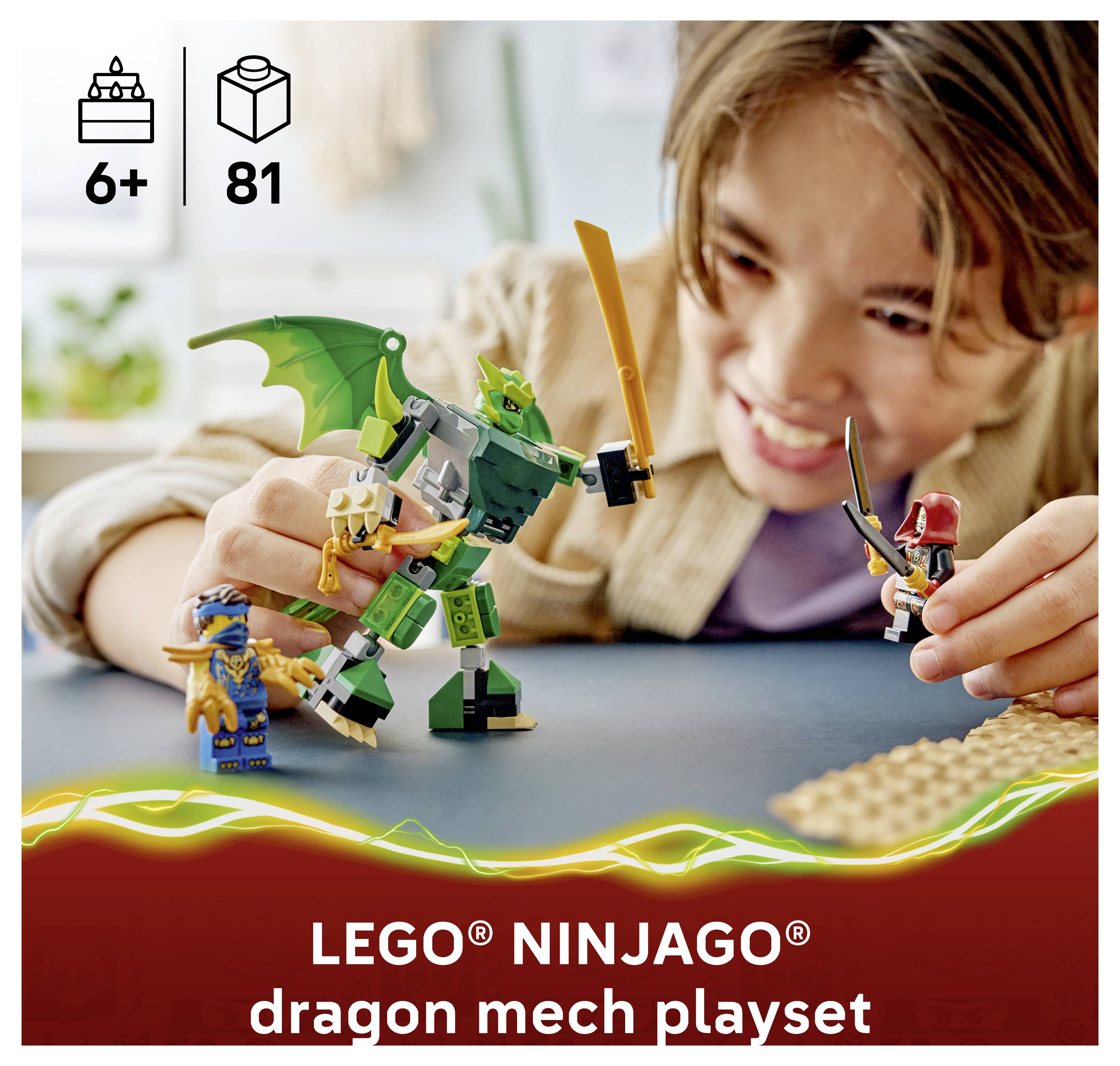 Dítě si hraje se zeleným LEGO NINJAGO drakem mechou a minifigurkami; text zní "LEGO NINJAGO sada pro hraní se drakem mechou", věk 6+, 81 dílů.
