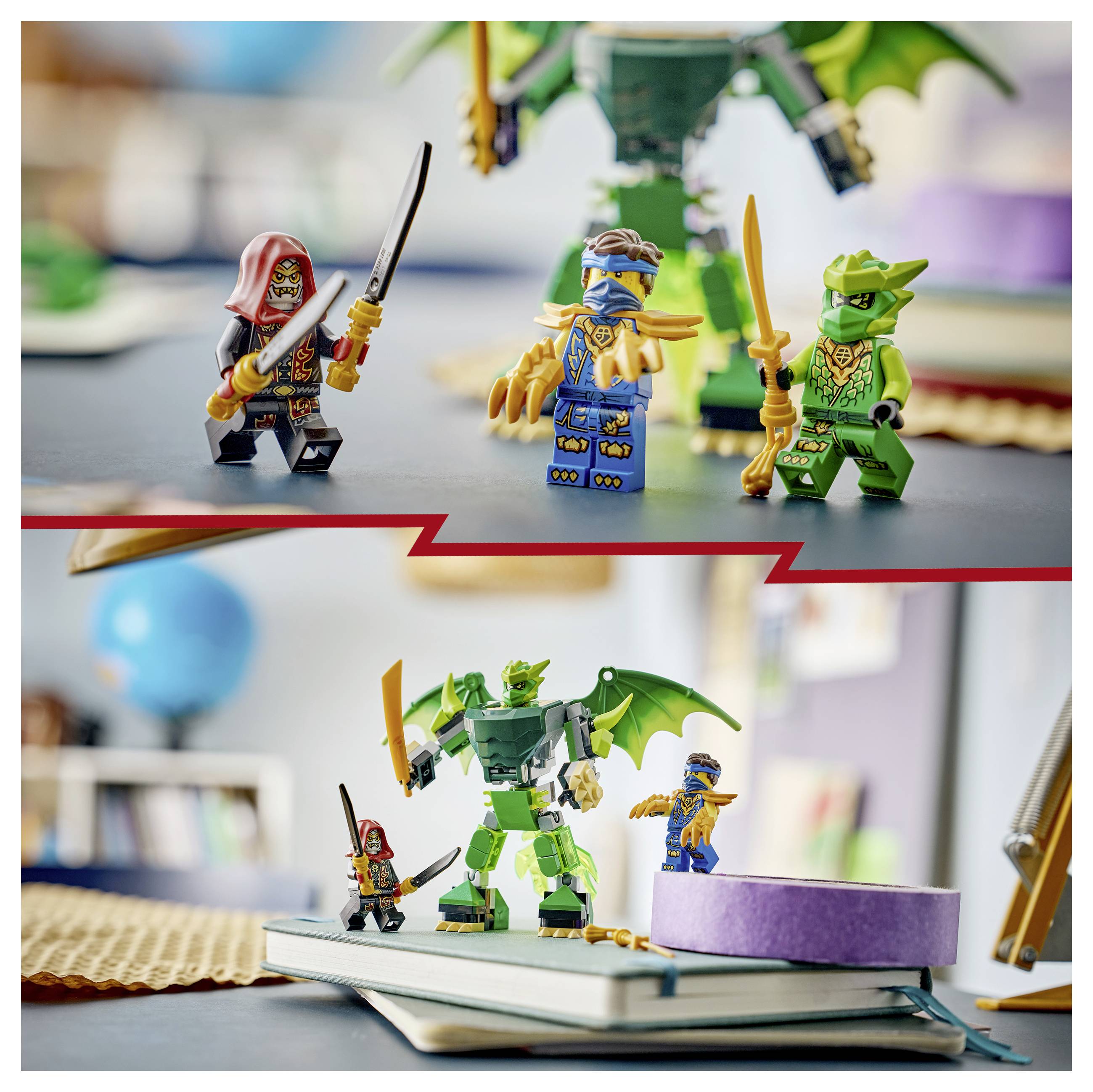 Dva snímky figurek LEGO Ninjago, včetně zeleného dračího robota a figurek ninja v pozách na psacím stole a skládaných knih.