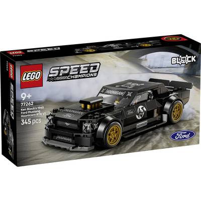 LEGO Speed Champions Souprava Ken Block's 1965 Ford Mustang Hoonicorn RTR V1, která zobrazuje černý závodní model automobilu a obsahuje 345 dílků pro věk 9+.