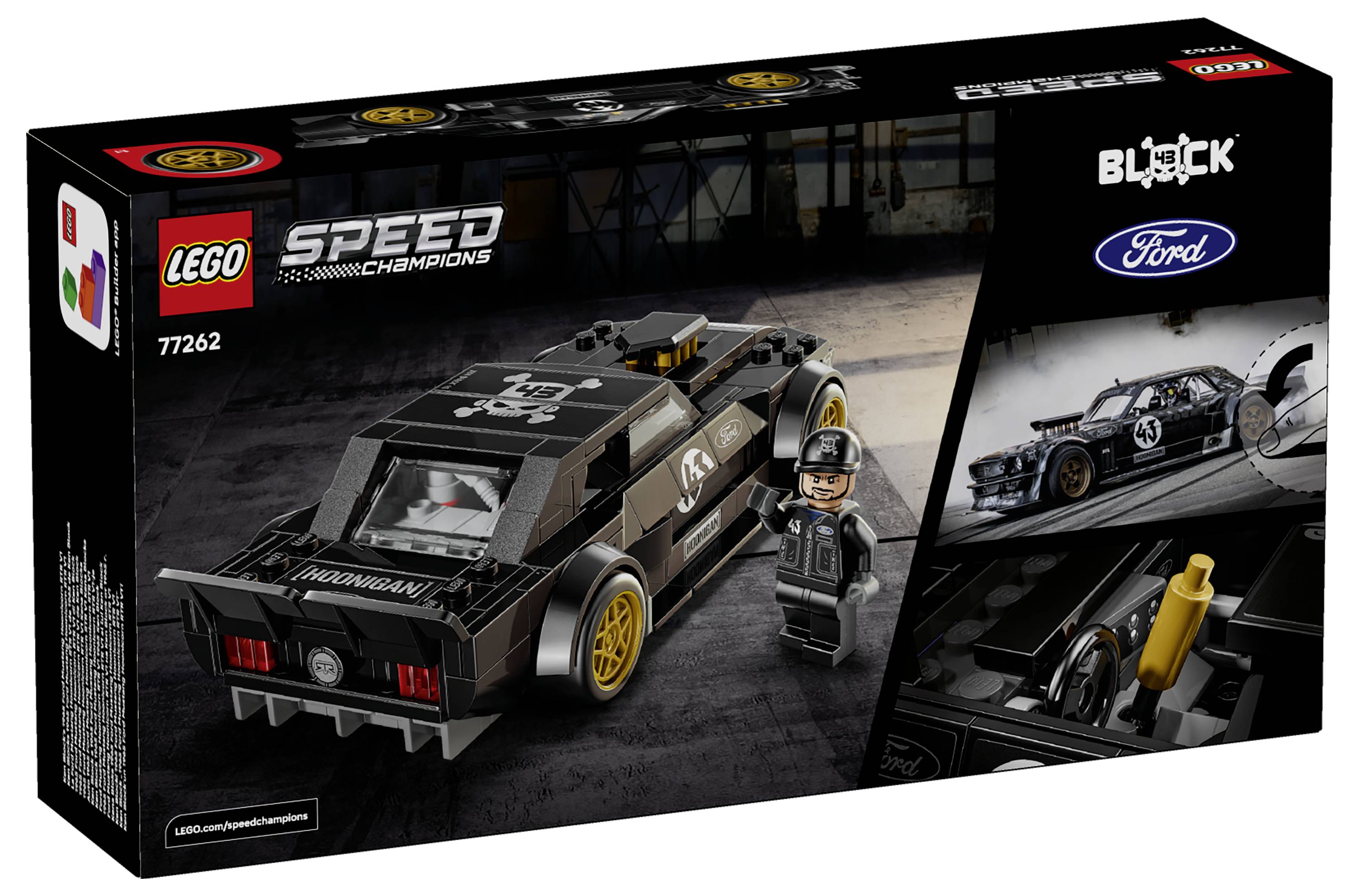 Krabice sady LEGO Speed Champions s modelem auta Ford zobrazující černý závodní vůz Ford, figurku řidiče a logo Black; sada číslo 77262.